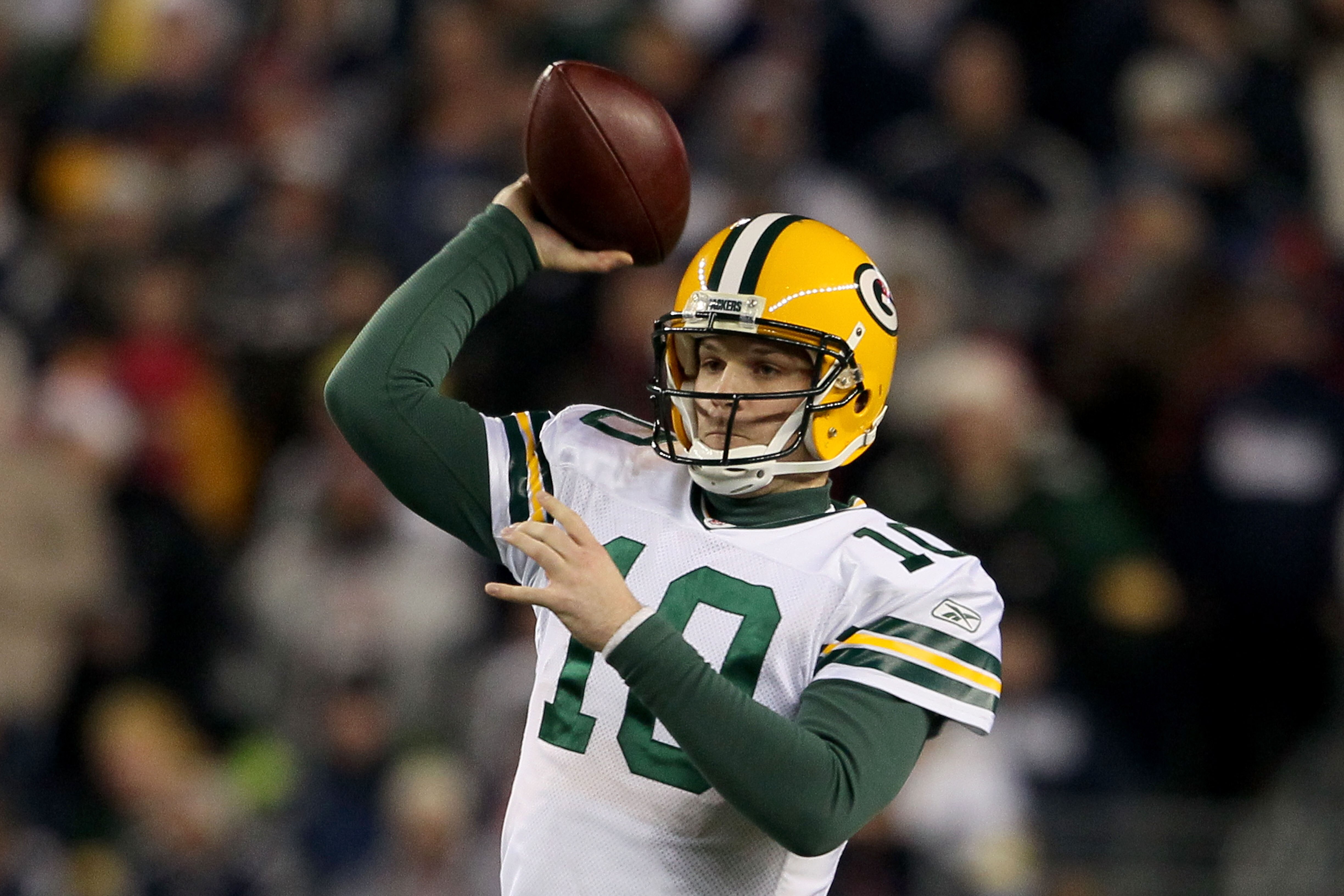 FOXBORO, MA - DECEMBER 19:  Quarterback Matt Flynn #10 of the Green Bay Packers throws a pass during the third quarter of the game against the New England Patriots at Gillette Stadium on December 19, 2010 in Foxboro, Massachusetts. The Patriots won the ga