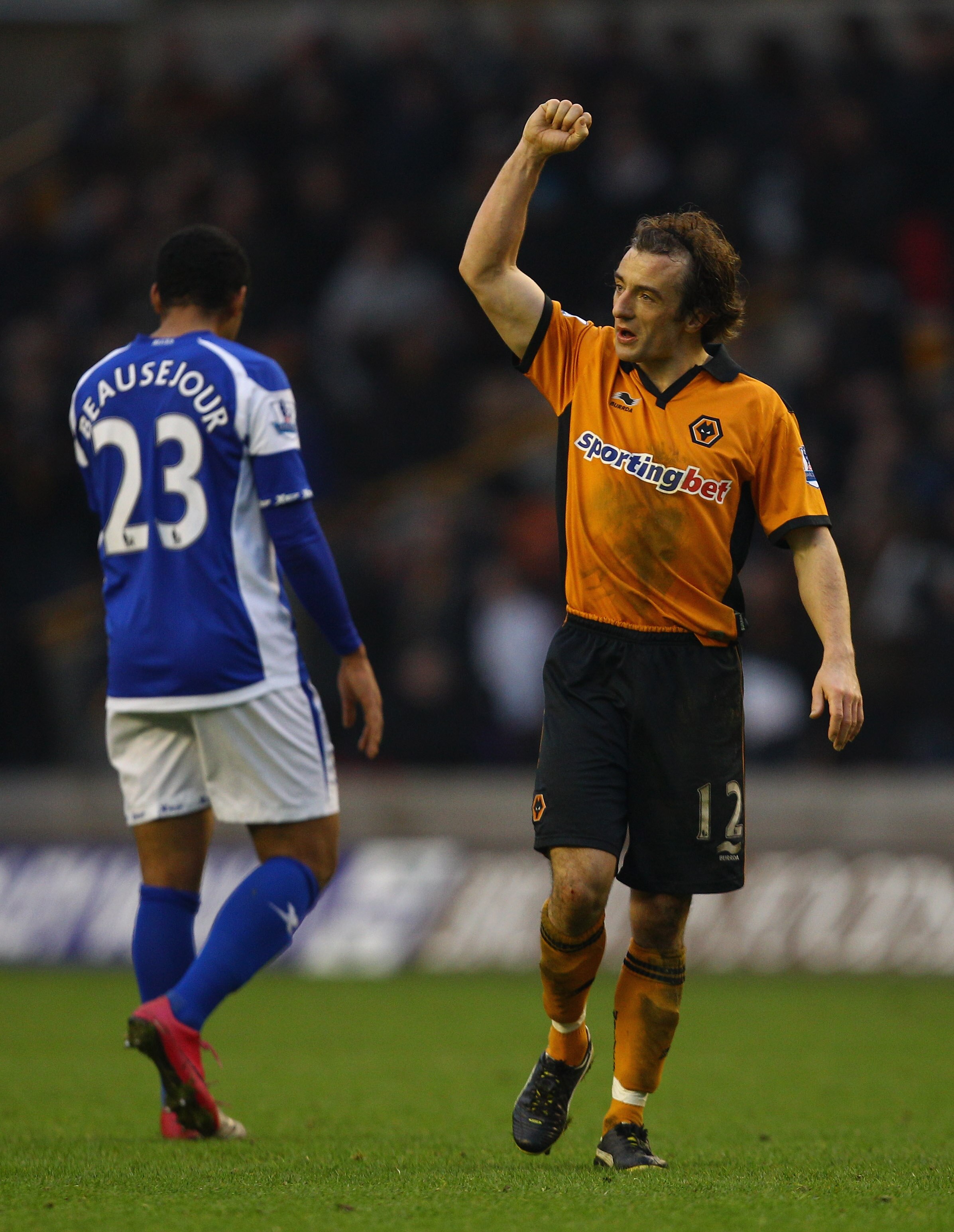 WOLVERHAMPTON, ENGLAND - DECEMBER 12:  Wolves goal scorer Stephen Hunt celebrates victory at the final whistle during the Barclays Premier League match between Wolverhampton Wanderers and Birmingham City at Molineux on December 12, 2010 in Wolverhampton,