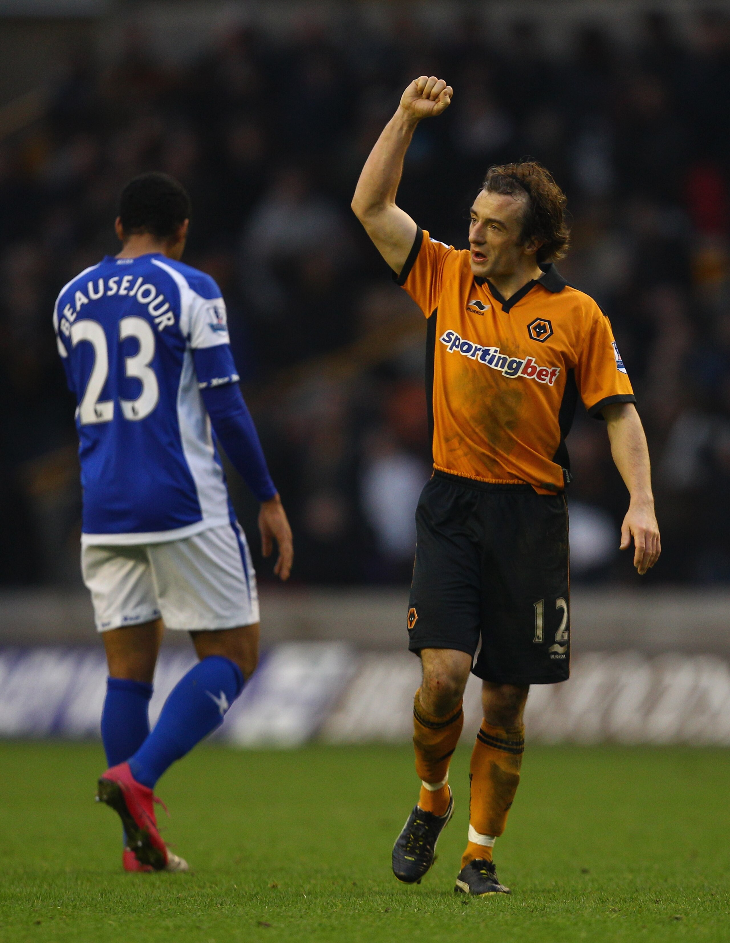 WOLVERHAMPTON, ENGLAND - DECEMBER 12:  Wolves goal scorer Stephen Hunt celebrates victory at the final whistle during the Barclays Premier League match between Wolverhampton Wanderers and Birmingham City at Molineux on December 12, 2010 in Wolverhampton,