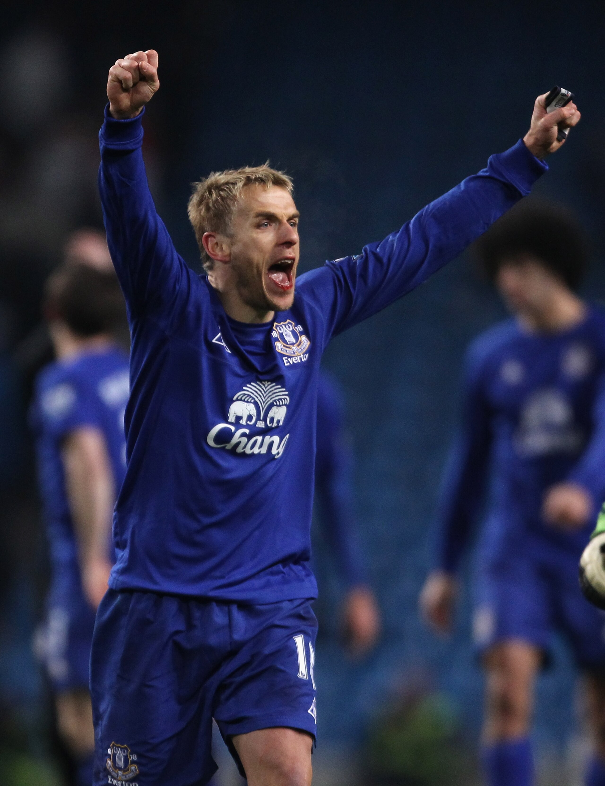 MANCHESTER, ENGLAND - DECEMBER 20:  Phil Neville of Everton celebrates after victory over Manchester City in the Barclays Premier League match between Manchester City and Everton at City of Manchester Stadium on December 20, 2010 in Manchester, England.