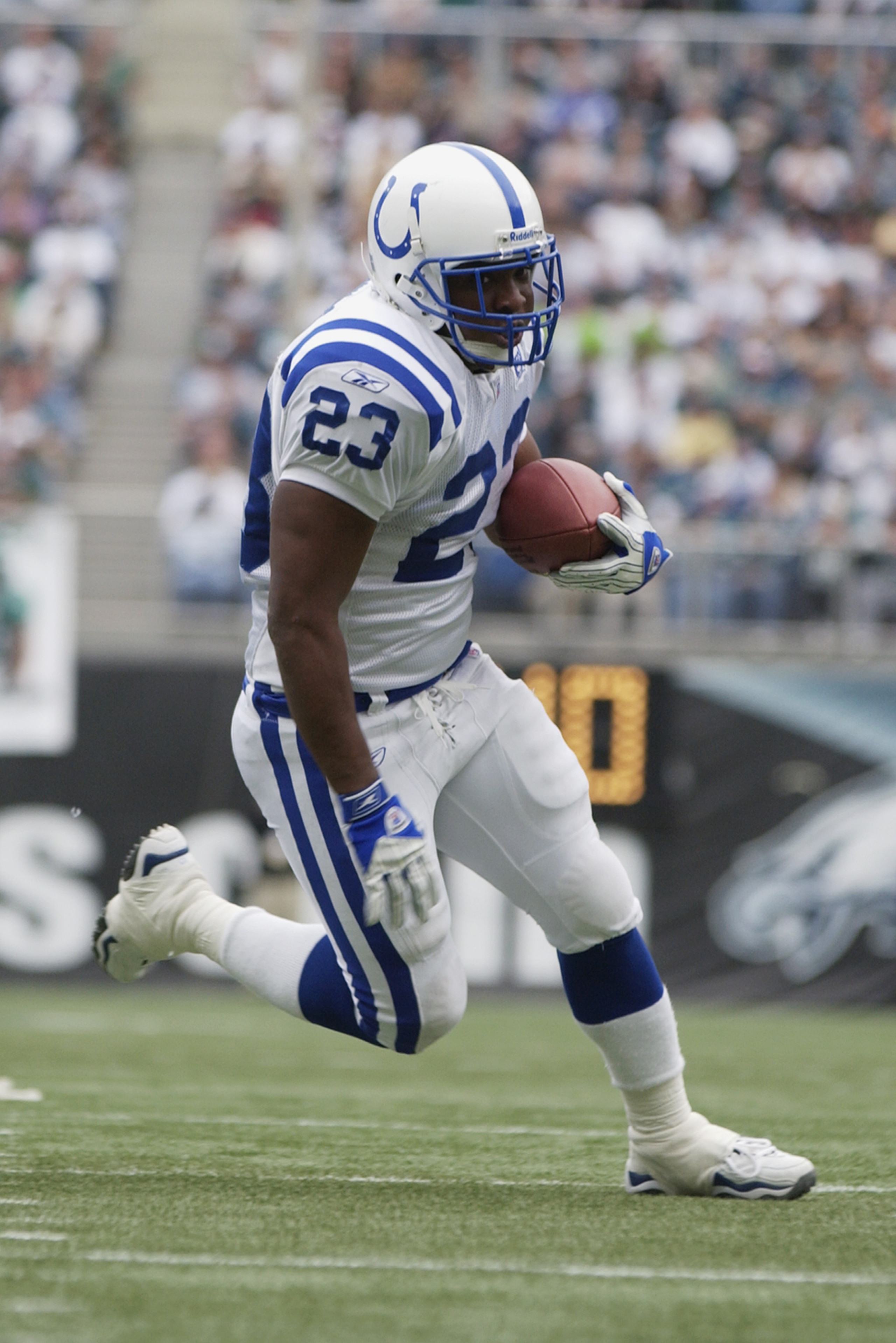PHILADELPHIA, PA - NOVEMBER 10:  Running Back James Mungro #23 of the Indianapolis Colts moves the ball during the NFL game against the Philadelphia Eagles at Veterans Stadium on November 10, 2002 in Philadelphia, Pennsylvania. The Colts defeated the Eagl