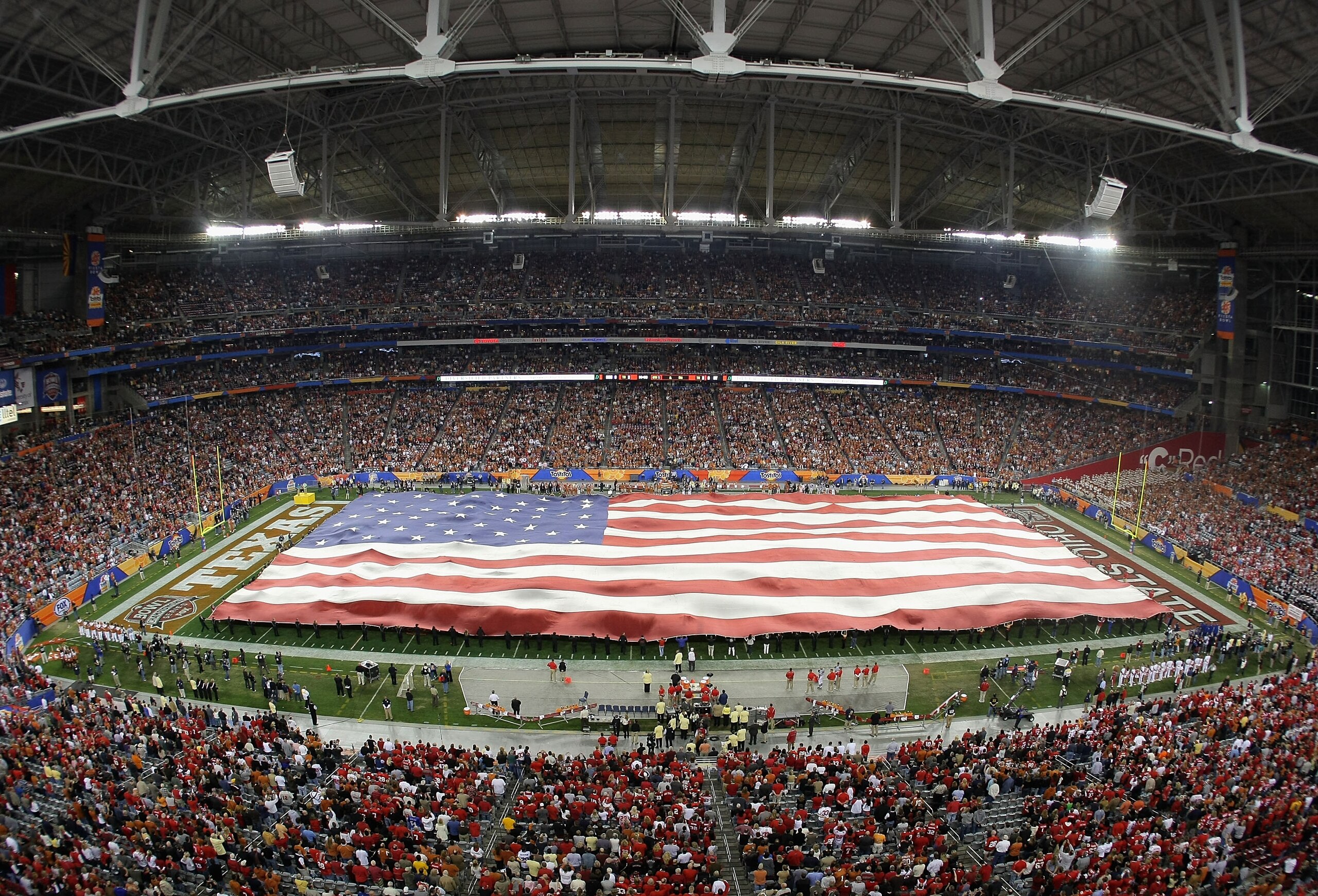 GLENDALE, AZ - JANUARY 05:  The National Anthem is performed before the Tostitos Fiesta Bowl Game between the Texas Longhorns and the Ohio State Buckeyes on January 5, 2009 at University of Phoenix Stadium in Glendale, Arizona.  (Photo by Doug Pensinger/G