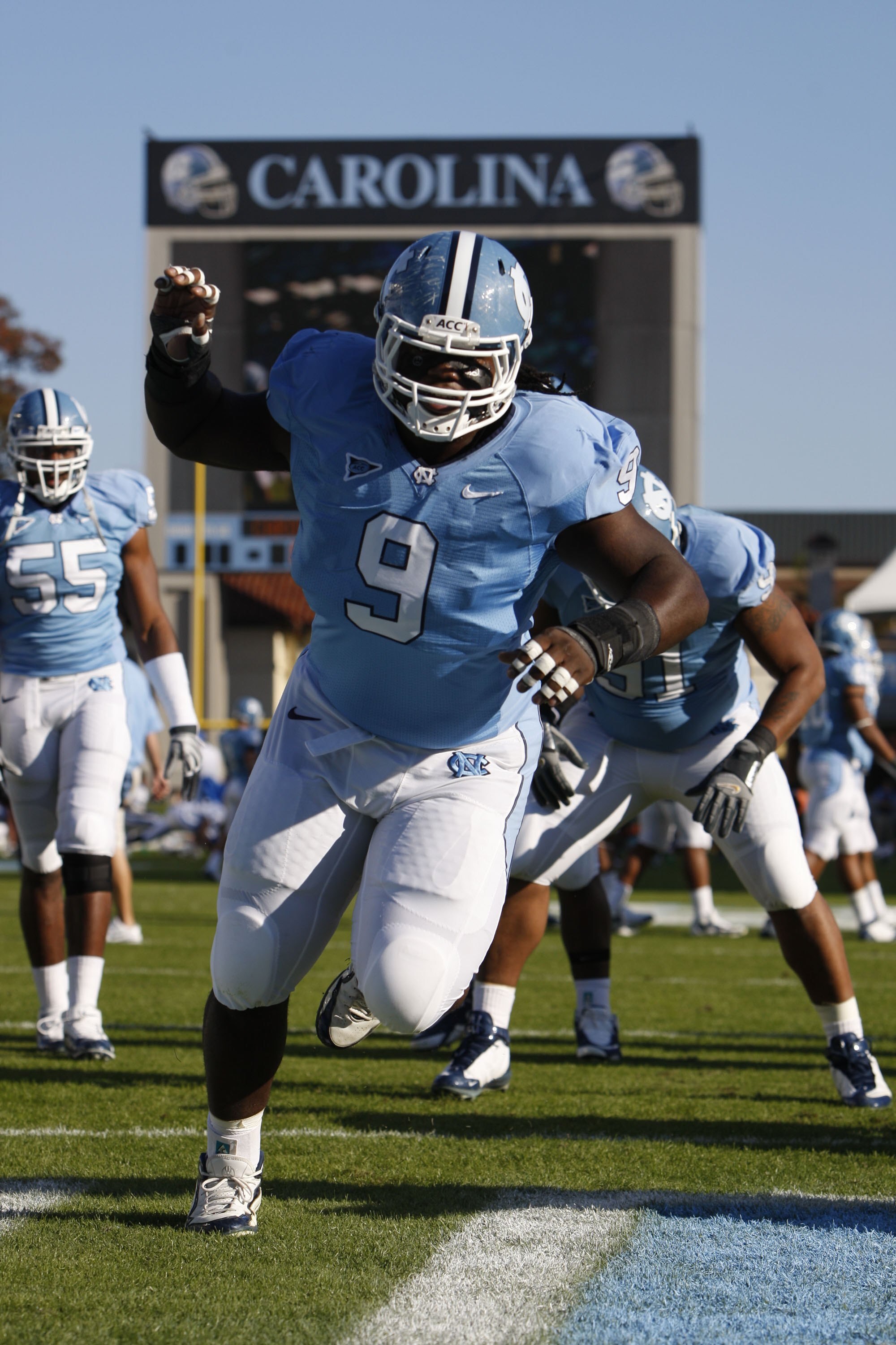 CHAPEL HILL, NC - NOVEMBER 7:  Marvin Austin #9 of the North Carolina Tar Heels warms up before the game against the Duke Blue Devils at Kenan Stadium on November 7, 2009 in Chapel Hill, North Carolina. (Photo by Streeter Lecka/Getty Images)