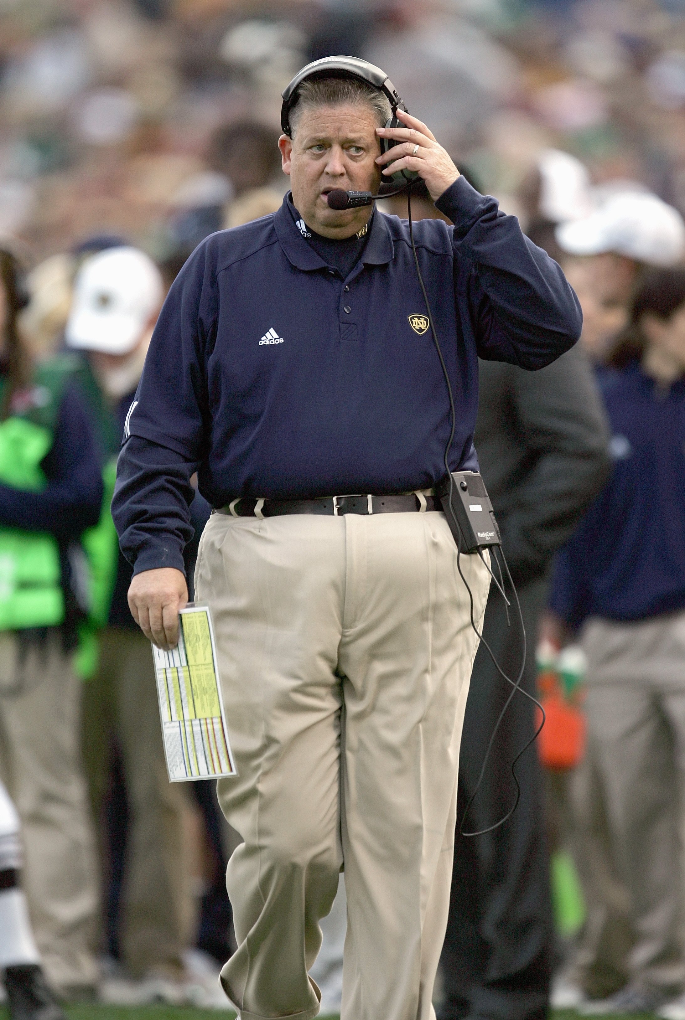 SOUTH BEND, IN - OCTOBER 13: Head coach Charlie Weis of the Notre Dame Fighting Irish walks on the sidelines during the game against  the Boston College Eagles on October 13, 2007 at Notre Dame Stadium in South Bend, Indiana. (Photo by Jonathan Daniel/Get