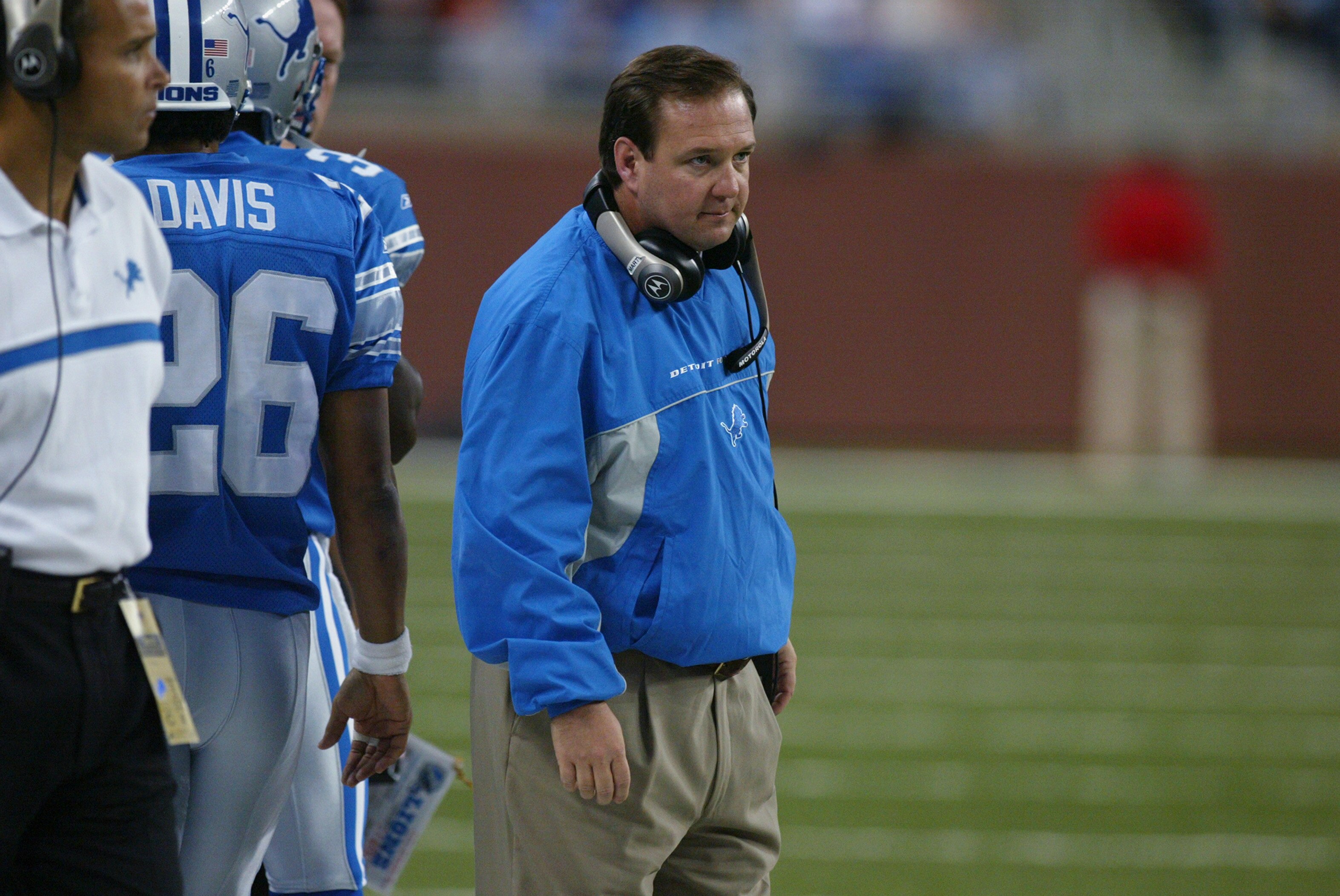 DETROIT - OCTOBER 20:  Head coach Marty Mornhinweg of the Detroit Lions looks on from the sideline during the NFL game against the Chicago Bears at Ford Field on October 20, 2002 in Detroit, Michigan. The Lions beat the Bears in overtime 23-20.  (Photo by