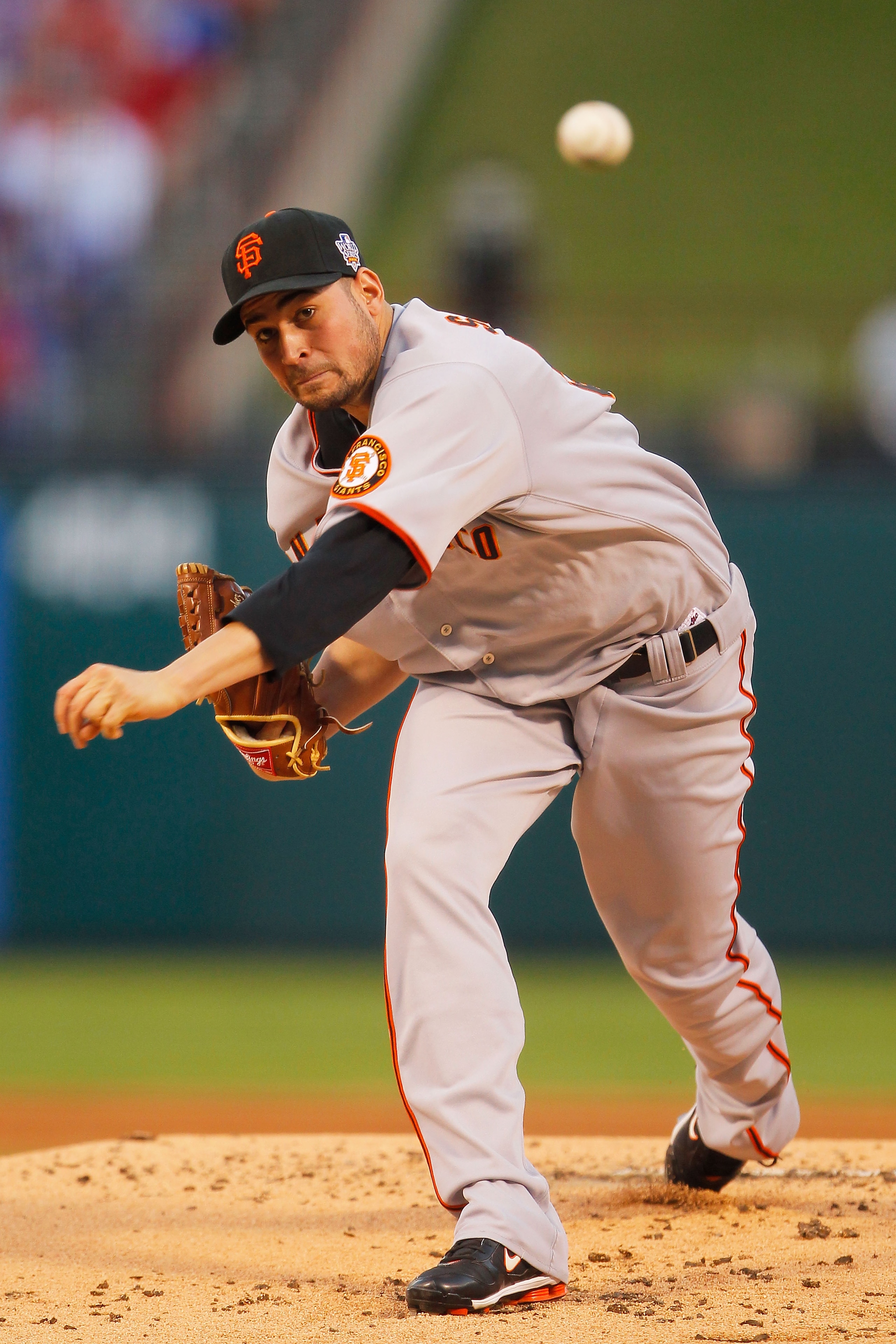 ARLINGTON, TX - OCTOBER 30:  Starting pitcher Jonathan Sanchez #57 of the San Francisco Giants pitches against the Texas Rangers in Game Three of the 2010 MLB World Series at Rangers Ballpark in Arlington on October 30, 2010 in Arlington, Texas.  (Photo b