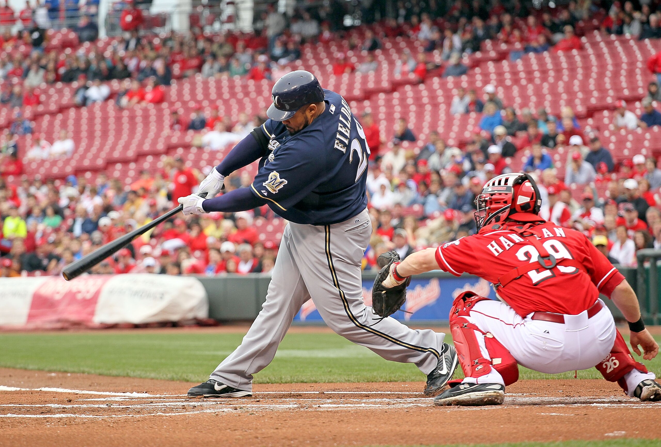 CINCINNATI - MAY 18:  Prince Fielder #28 of the Milwaukee Brewers hits a double during the game against the Cincinnati Reds at Great American Ball Park on May 18, 2010 in Cincinnati, Ohio.  (Photo by Andy Lyons/Getty Images)