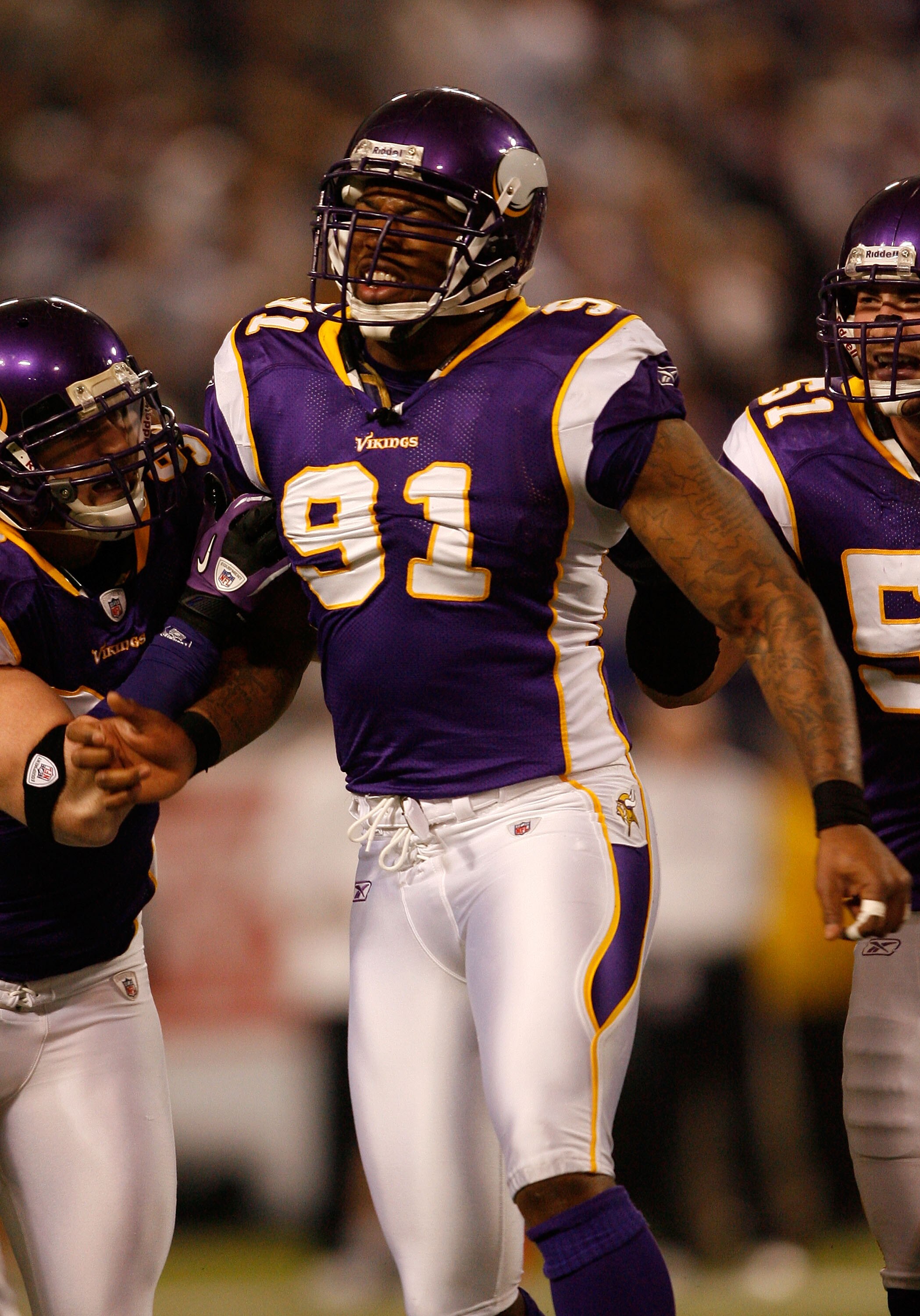 MINNEAPOLIS - JANUARY 17:  Ray Edwards #91 of the Minnesota Vikings celebrates a sack that led to a fumble in the first quarter of the game against the Dallas Cowboys during the NFC Divisional Playoff Game at Hubert H. Humphrey Metrodome on January 17, 20