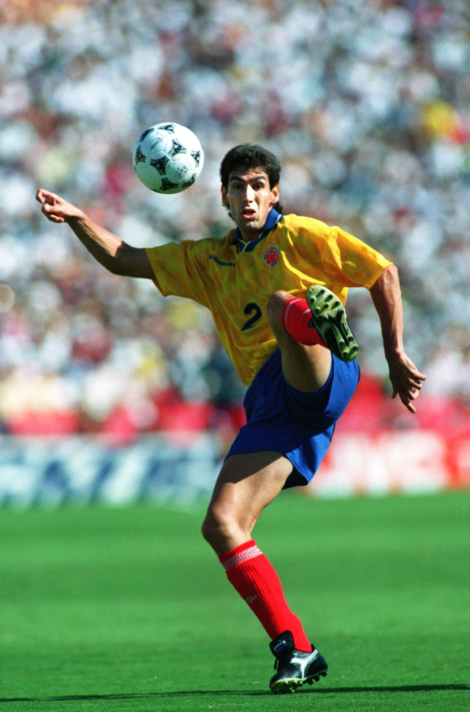 22 JUN 1994:  ANDRES ESCOBAR OF COLOMBIA TRIES TO CONTROL THE BALL DURING COLOMBIA's 2-1 LOSS TO THE USA IN A 1994 WORLD CUP MATCH AT THE ROSE BOWL IN PASADENA. Mandatory Credit: Shaun Botterill/ALLSPORT