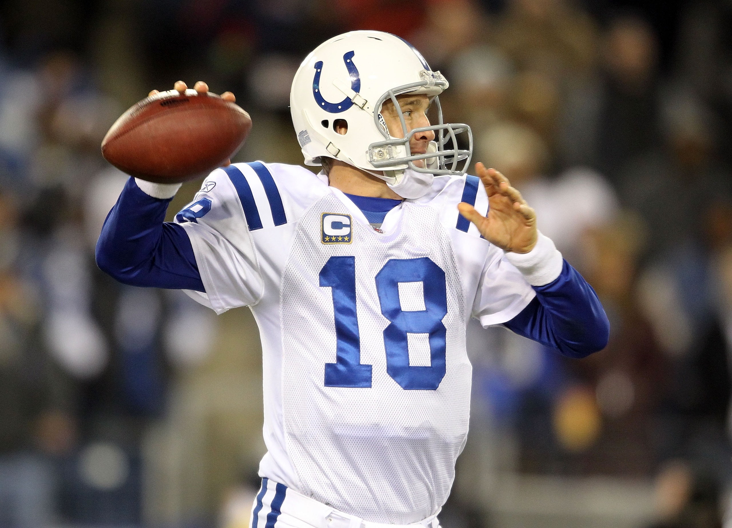 NASHVILLE, TN - DECEMBER 09: Peyton Manning #18 of the Indianapolis Colts throws a pass during the NFL game against the Tennessee Titans at LP Field on December 9, 2010 in Nashville, Tennessee. The Colts won 30-28. (Photo by Andy Lyons/Getty Images) NASHVILLE, TN - DECEMBER 09: Peyton Manning #18 of the Indianapolis Colts throws a pass during the NFL game against the Tennessee Titans at LP Field on December 9, 2010 in Nashville, Tennessee. The Colts won 30-28. (Photo by Andy Lyons/Getty Images)