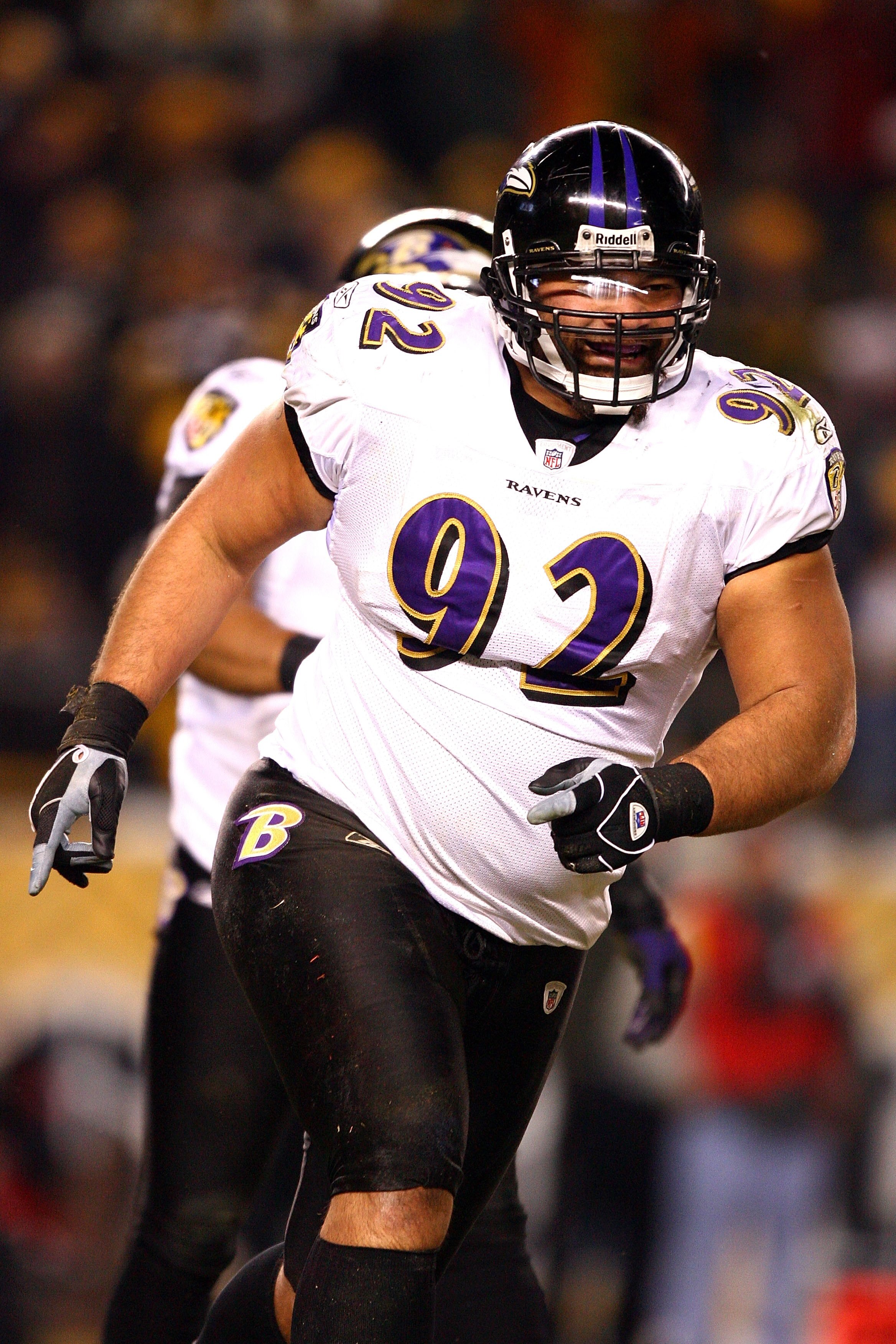 PITTSBURGH - JANUARY 18:  Haloti Ngata #92 of the Baltimore Ravens reacts after he recorded a sack against Ben Roethlisberger #7 of the Pittsburgh Steelers during the AFC Championship game on January 18, 2009 at Heinz Field in Pittsburgh, Pennsylvania. St