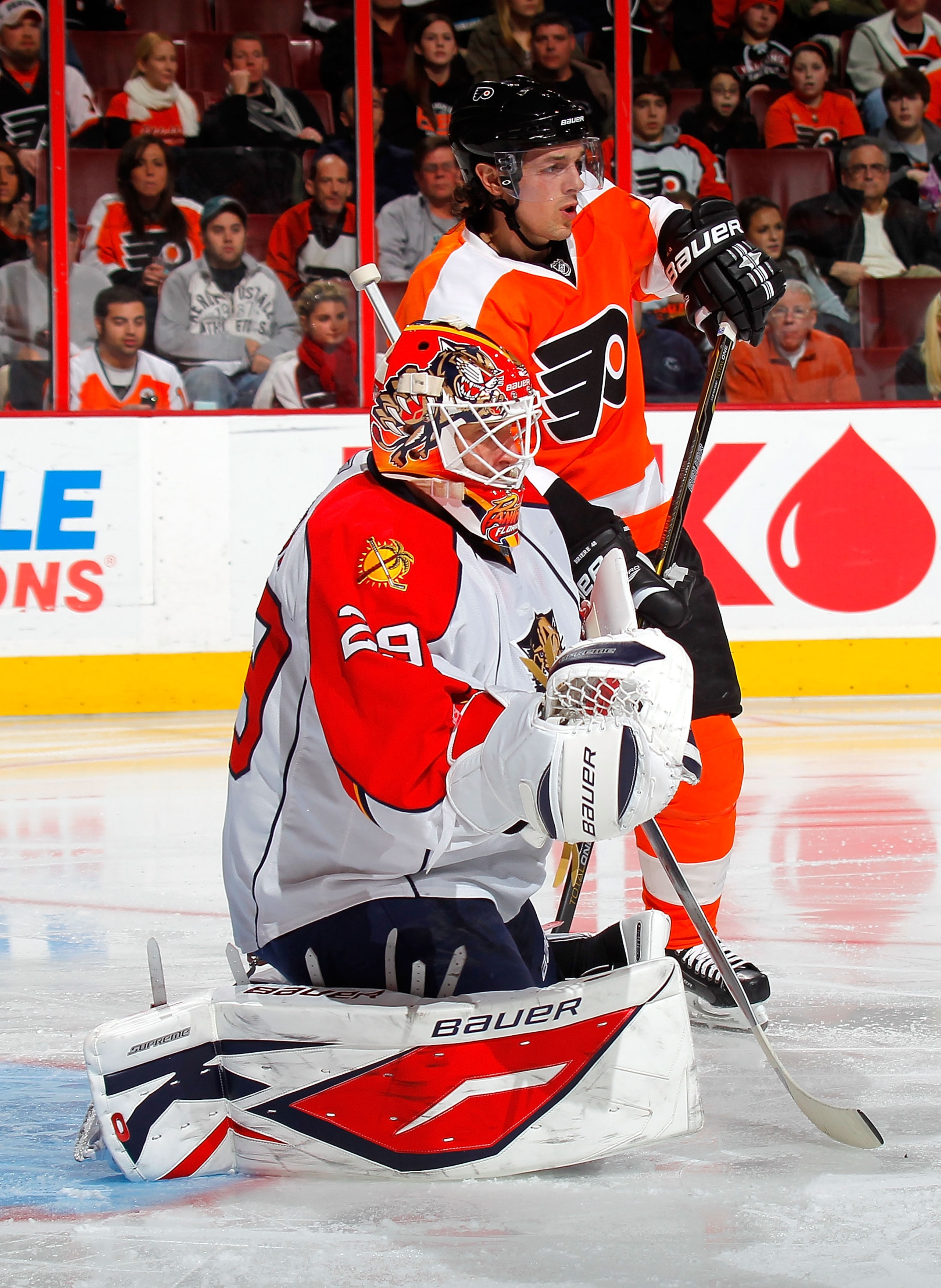 PHILADELPHIA, PA - DECEMBER 20:  Goalie Tomas Vokoun #29 of the Florida Panthers goes on his knees while making a save during a hockey game against the Philadelphia Flyers at the Wells Fargo Center on December 20, 2010 in Philadelphia, Pennsylvania.  (Pho