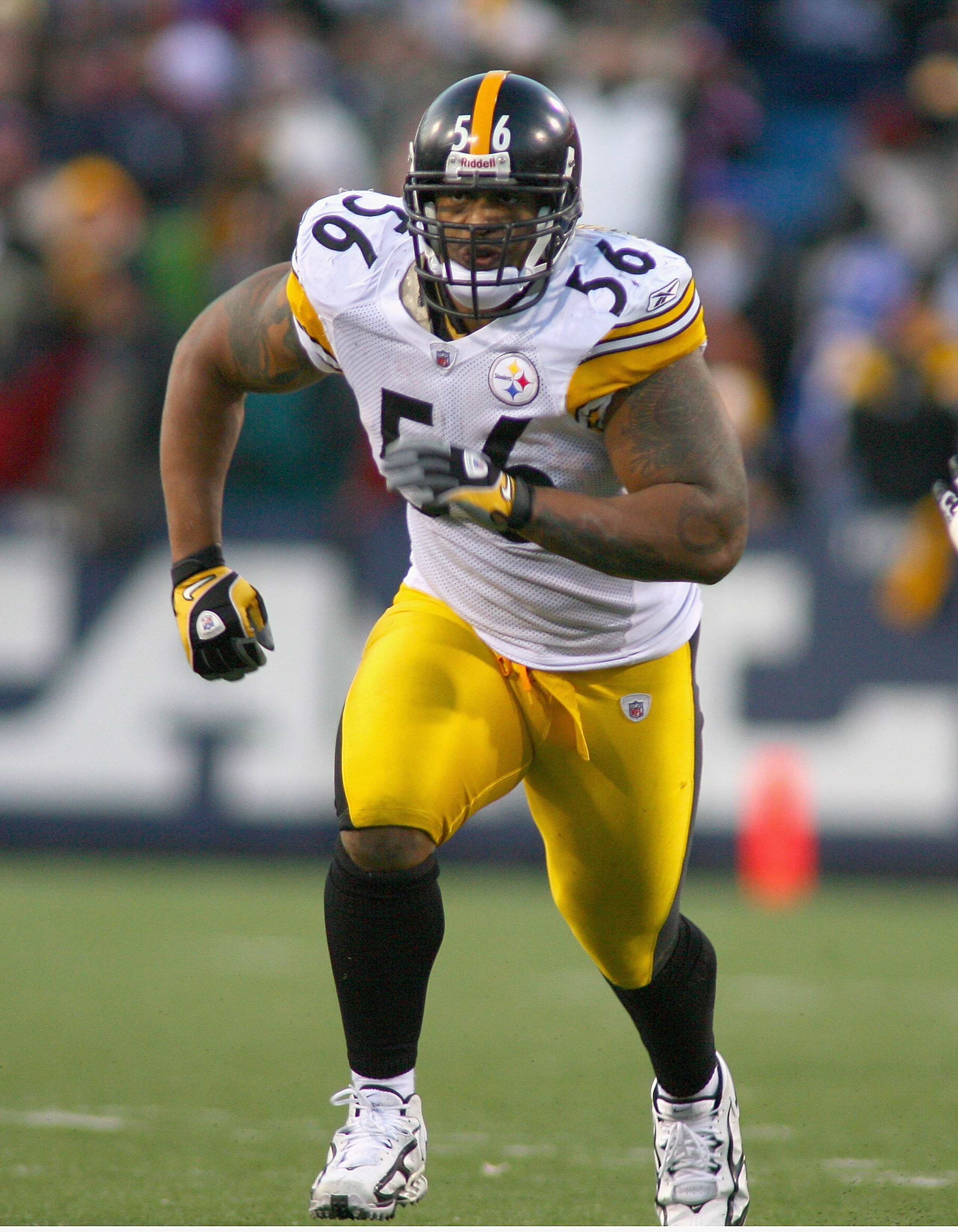 ORCHARD PARK, NY - NOVEMBER 28: LaMarr Woodley  #56 of the Pittsburgh Steelers plays against the Buffalo Bills  at Ralph Wilson Stadium at Ralph Wilson Stadium on November 28, 2010 in Orchard Park, New York. Pittsburgh won 19-16 in overtime. (Photo by Ric