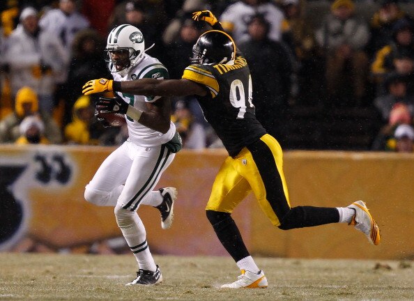 PITTSBURGH - DECEMBER 19: Braylon Edwards #17 of the New York Jets runs after catching a pass in front of Lawrence Timmons #94 of the Pittsburgh Steelers during the game on December 19, 2010 at Heinz Field in Pittsburgh, Pennsylvania. (Photo by Jared Wi PITTSBURGH - DECEMBER 19: Braylon Edwards #17 of the New York Jets runs after catching a pass in front of Lawrence Timmons #94 of the Pittsburgh Steelers during the game on December 19, 2010 at Heinz Field in Pittsburgh, Pennsylvania. (Photo by Jared Wi