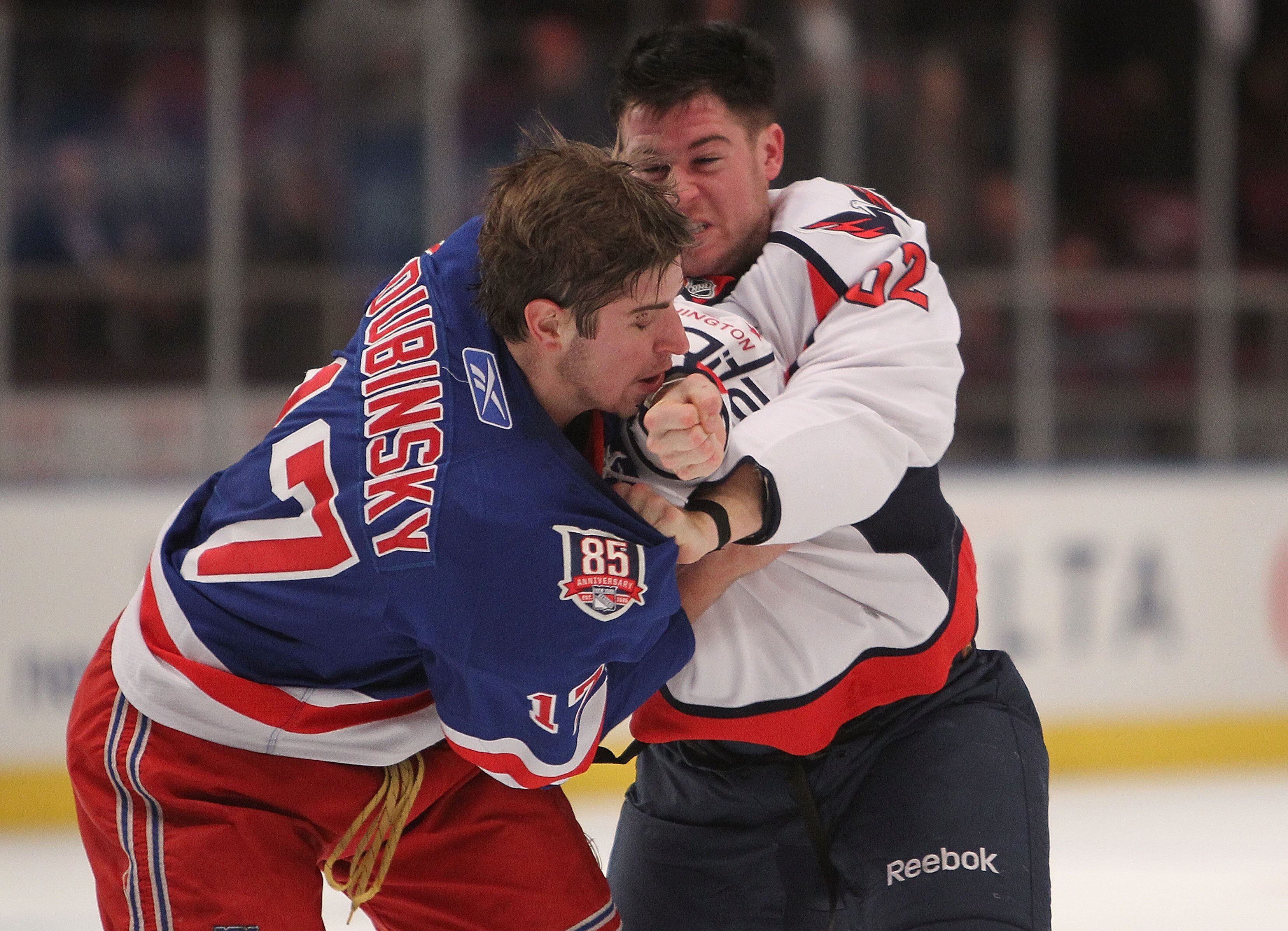 NEW YORK - NOVEMBER 09: Brandon Dubinsky #17 of the New York Rangers fights with Mike Green #52 of the Washington Capitals at Madison Square Garden on November 9, 2010 in New York City.  (Photo by Nick Laham/Getty Images)