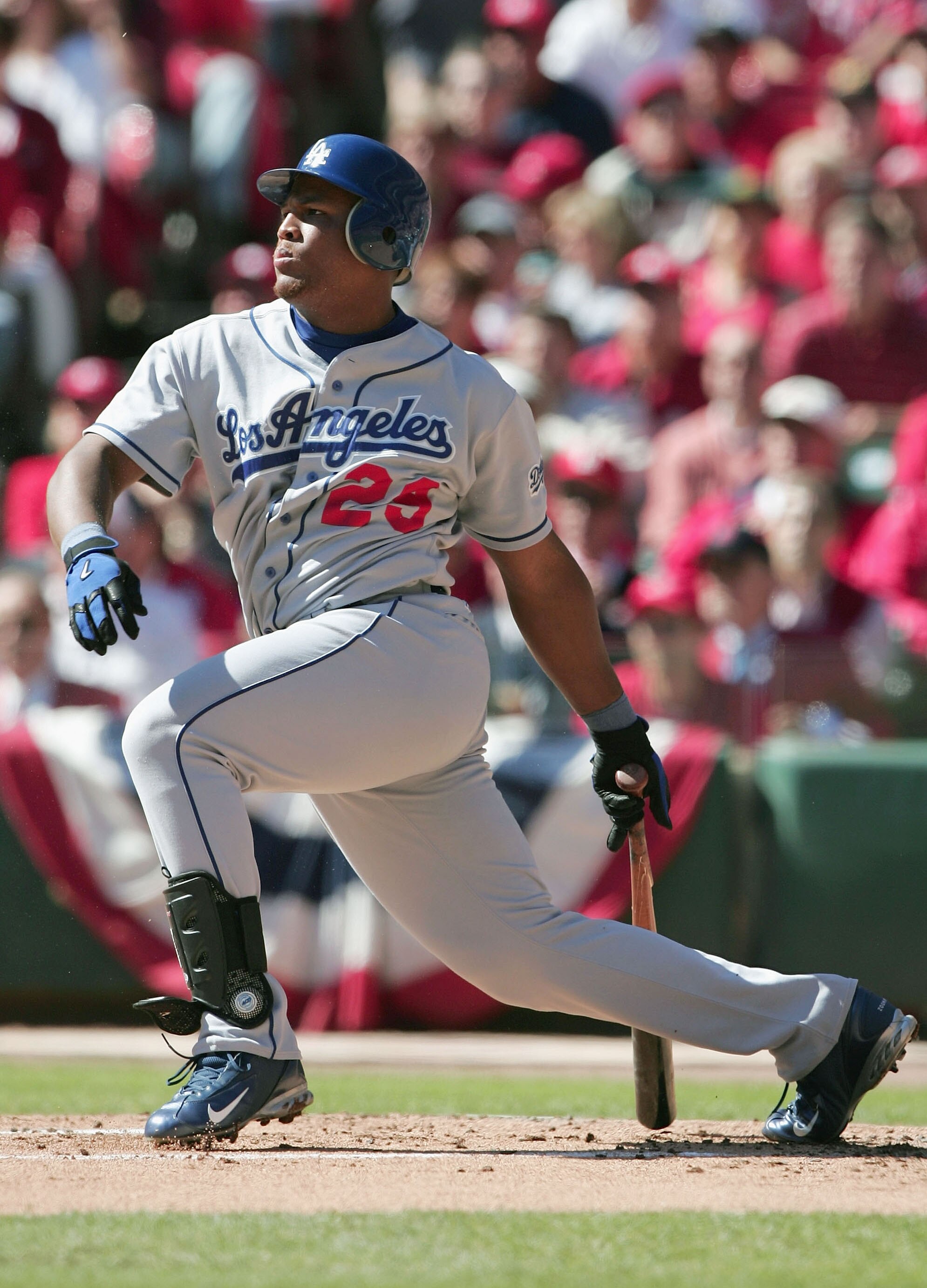 ST LOUIS - OCTOBER 5:  Adrian Beltre #29 of the Los Angeles Dodgers hits a single in the first inning of Game one of National League Division Series during the 2004 Major League Baseball Playoffs against the St. Louis Cardinals on October 5, 2004 at Busch