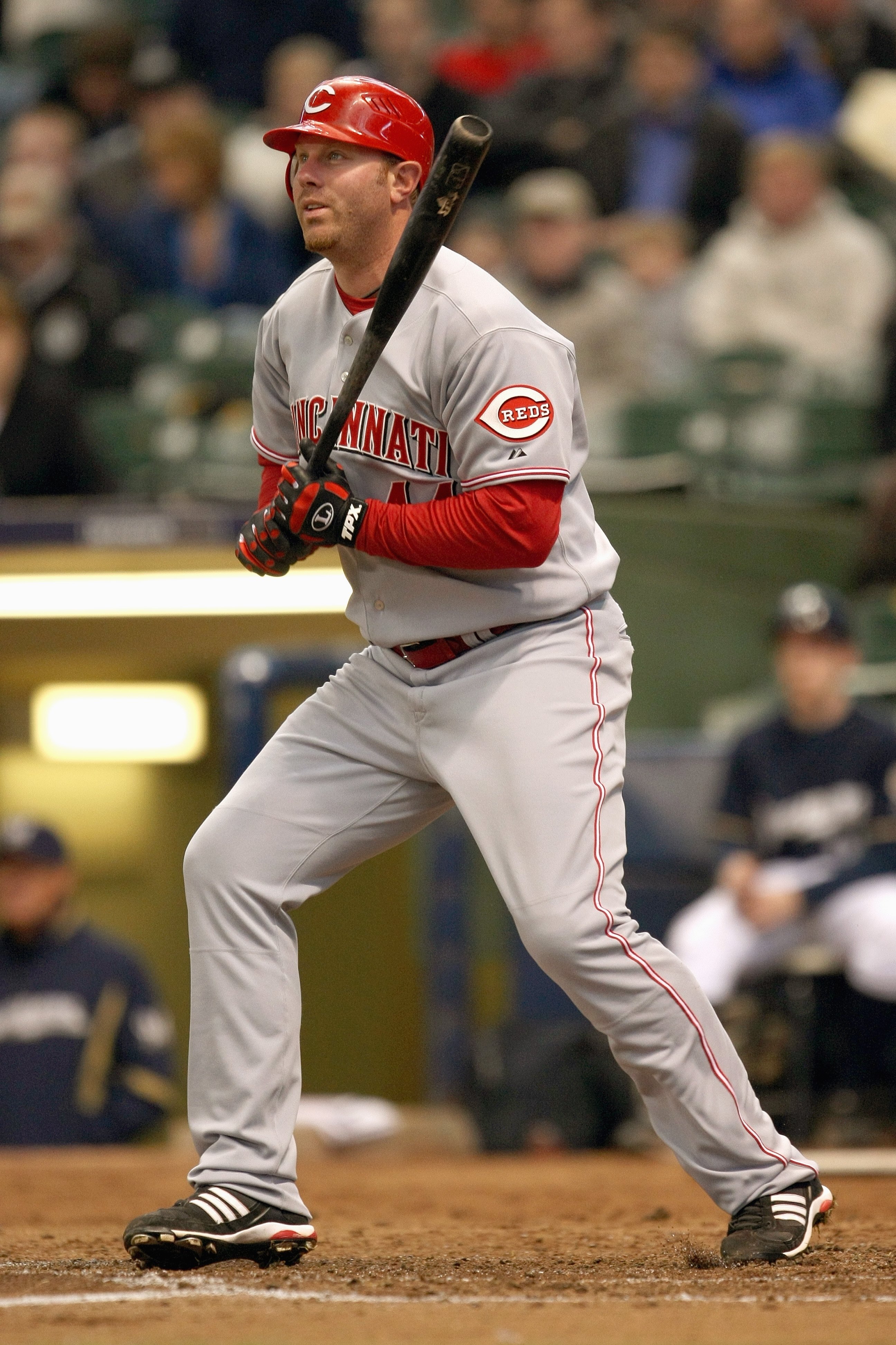 MILWAUKEE - APRIL 10: Adam Dunn #44 of the Cincinnati Red connects with a pitch during the game against the Milwaukee Brewers on April 10, 2008 at Miller Park in Milwaukee, Wisconsin. (Photo by Jonathan Daniel/Getty Images)