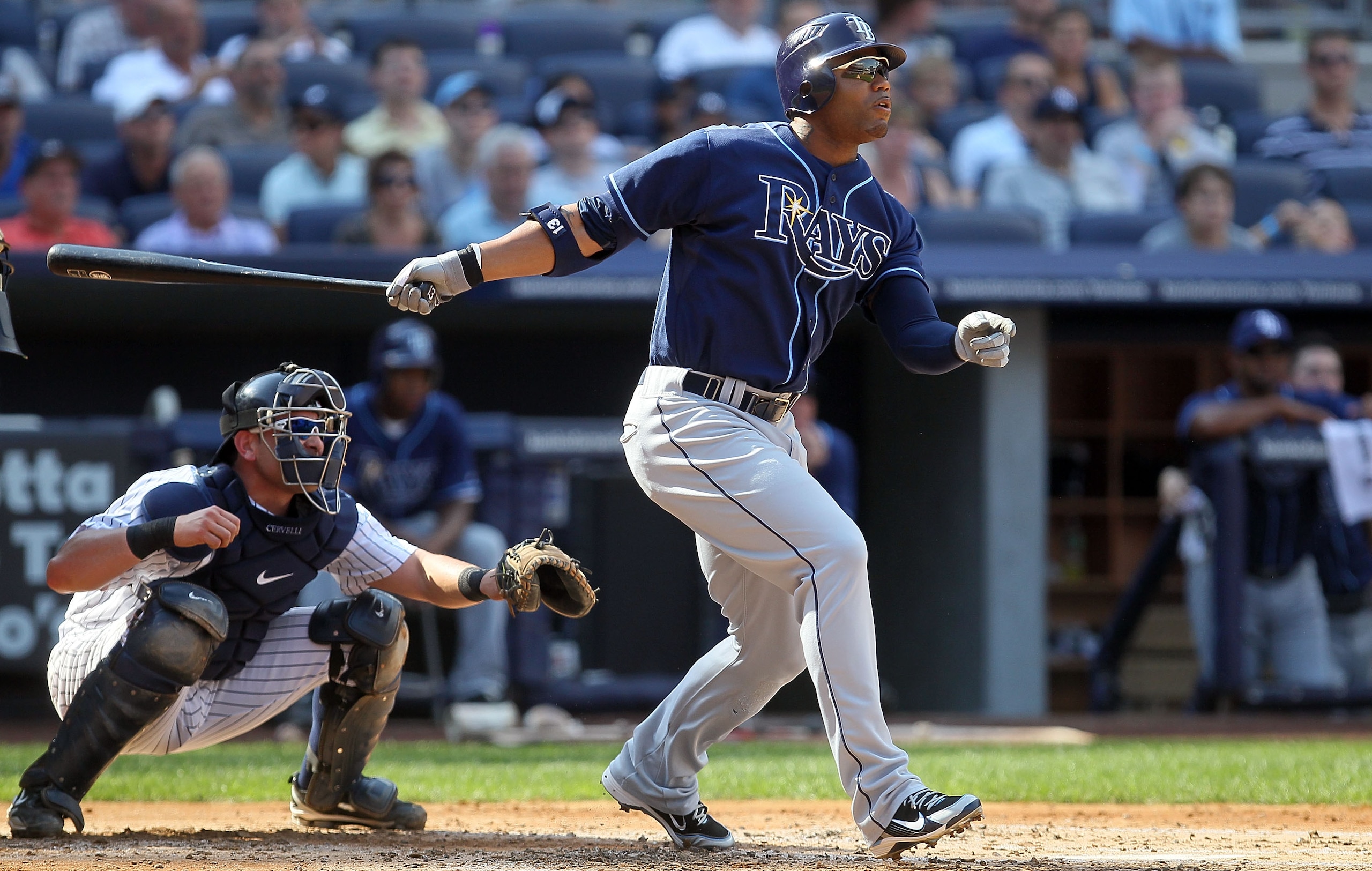 NEW YORK - JULY 17:  Carl Crawford #13 of the Tampa Bay Rays bats against the New York Yankees on July 17, 2010 at Yankee Stadium in the Bronx borough of New York City.  (Photo by Jim McIsaac/Getty Images)