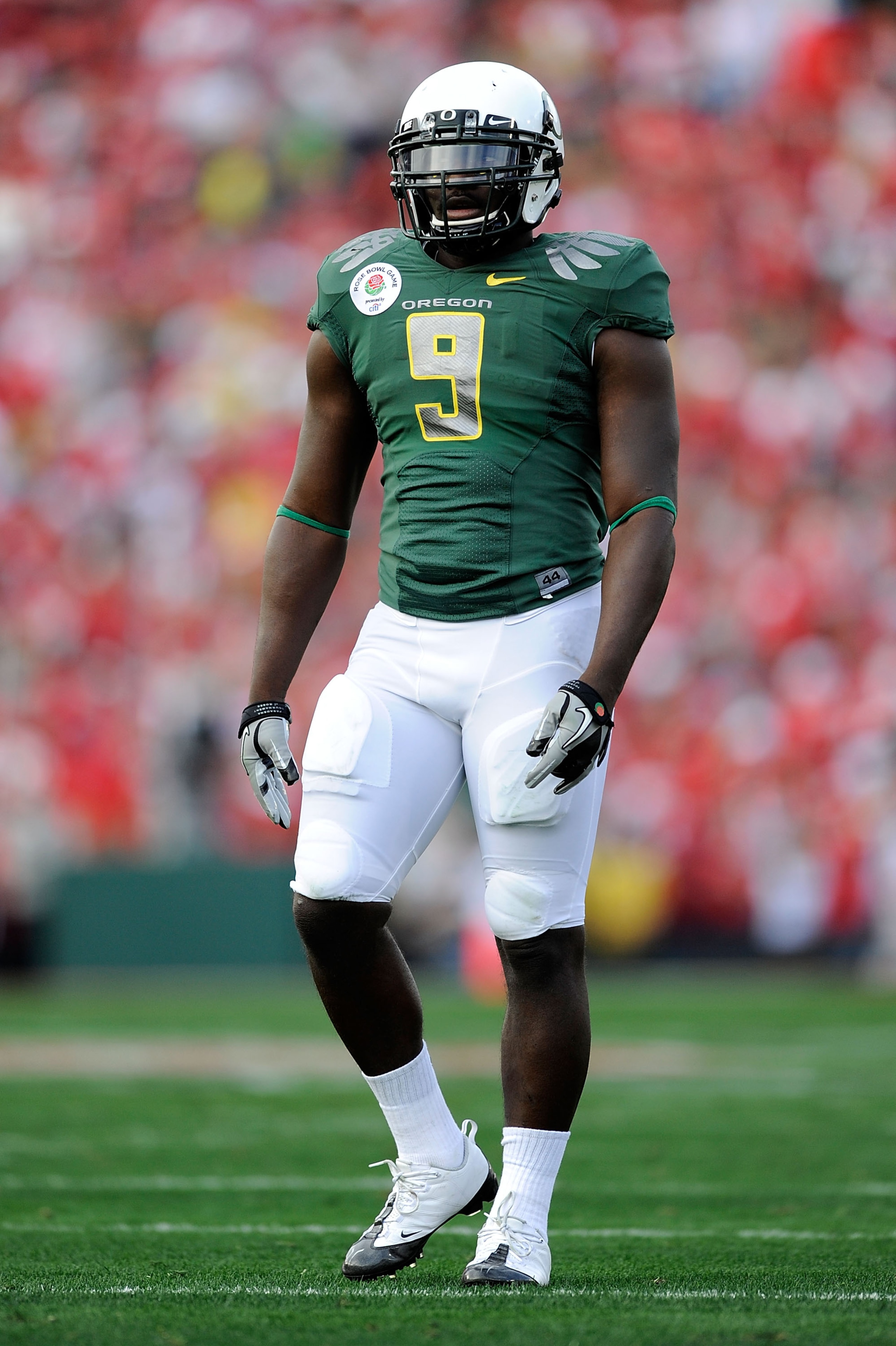 PASADENA, CA - JANUARY 01:  Running back LeGarrette Blount #9 of the Oregon Ducks walks on the field during the game against the Ohio State Buckeyes at the 96th Rose Bowl game on January 1, 2010 in Pasadena, California.  (Photo by Kevork Djansezian/Getty