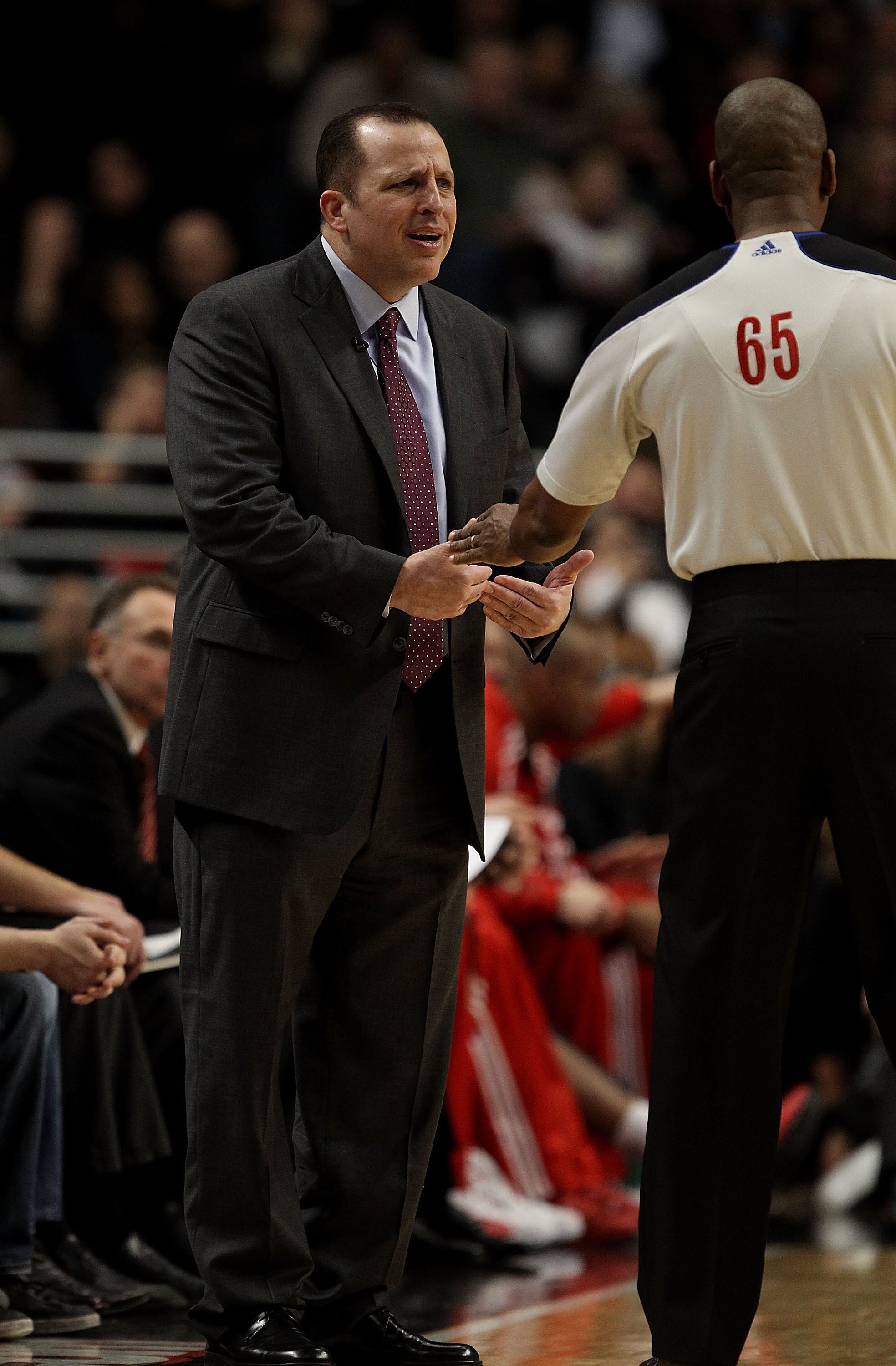 CHICAGO, IL - DECEMBER 10: Head coach Tom Thibodeau of the Chicago Bulls complains about a foul call to referee Sean Wright #65 during a game against the Los Angeles Lakers at the United Center on December 10, 2010 in Chicago, Illinois. The Bulls defeated