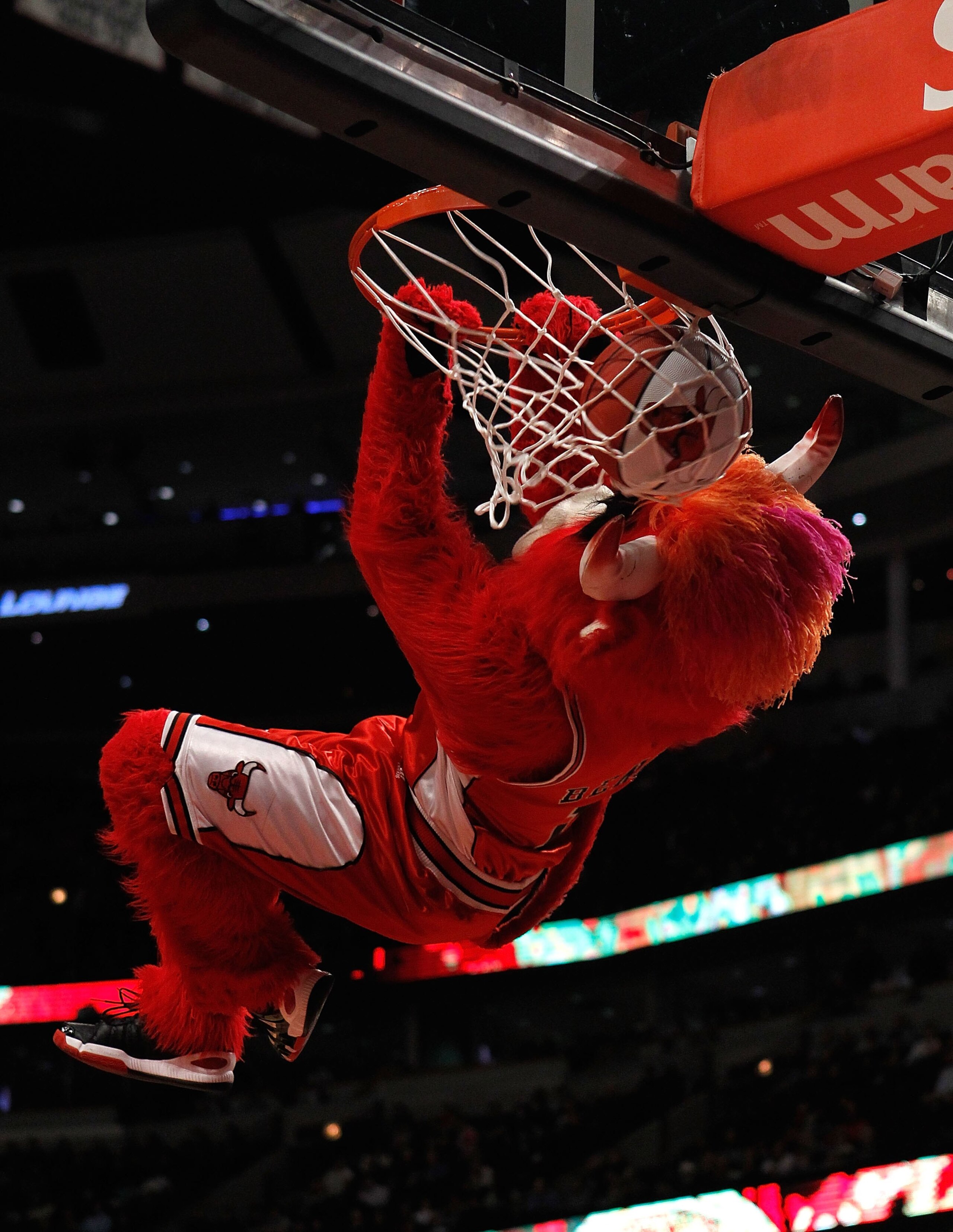CHICAGO - FEBRUARY 24: Benny, the mascot of the Chicago Bulls, dunks a ball during a game bewteen the Bulls and the Indiana Pacers at the United Center on February 24, 2010 in Chicago, Illinois. The Bulls defeated the Pacers 120-110. NOTE TO USER: User ex