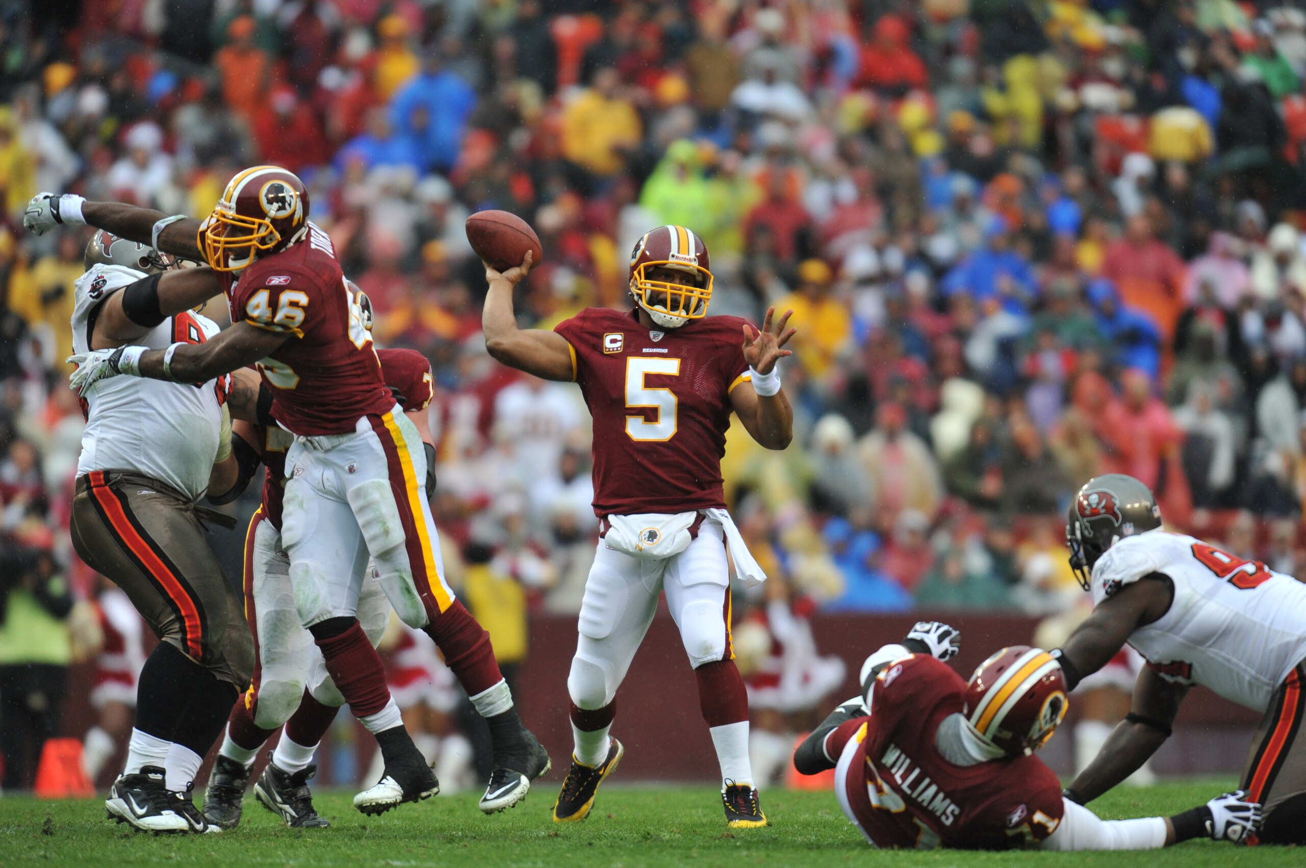 LANDOVER, MD - DECEMBER 12: Donovan McNabb #5 of the Washington Redskins passes against the Tampa Bay Buccaneers at FedExField on December 12, 2010 in Landover, Maryland. The Buccaneers defeated the Redskins 17-16. (Photo by Larry French/Getty Images) LANDOVER, MD - DECEMBER 12: Donovan McNabb #5 of the Washington Redskins passes against the Tampa Bay Buccaneers at FedExField on December 12, 2010 in Landover, Maryland. The Buccaneers defeated the Redskins 17-16. (Photo by Larry French/Getty Images)