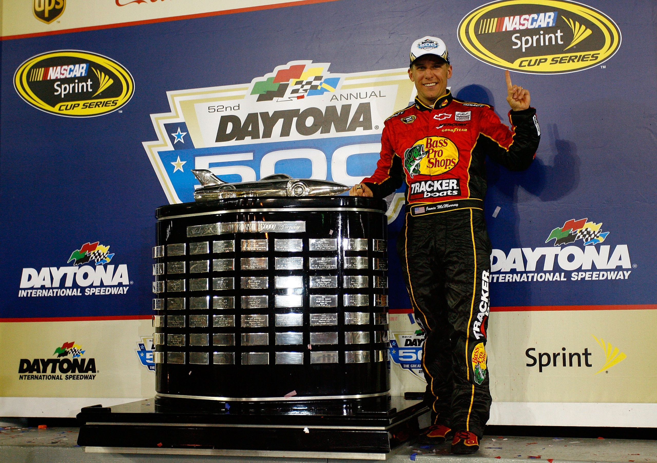 DAYTONA BEACH, FL - FEBRUARY 14:  Jamie McMurray, driver of the #1 Bass Pro Shops/Tracker Boats Chevrolet, celebrates in Victory Lane after winning the NASCAR Sprint Cup Series Daytona 500 at Daytona International Speedway on February 14, 2010 in Daytona