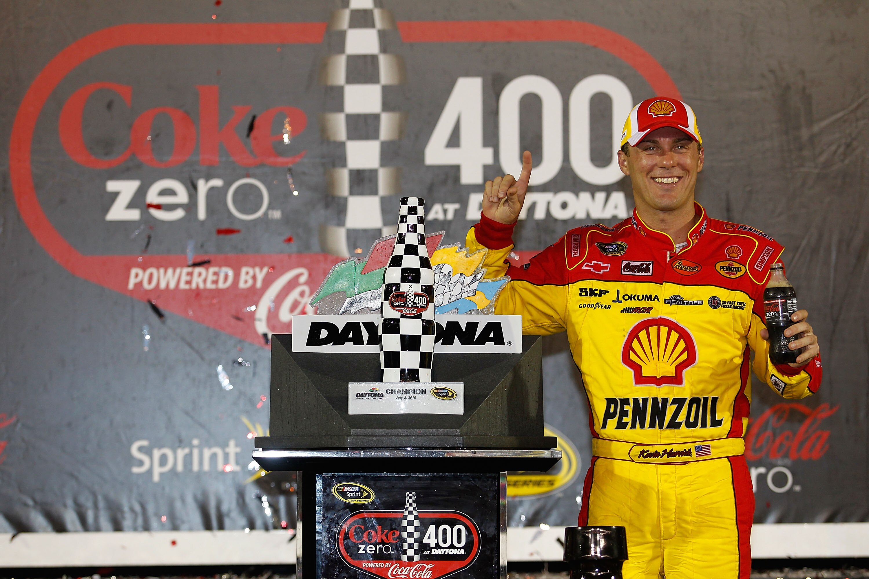 DAYTONA BEACH, FL - JULY 03:  Kevin Harvick, driver of the #29 Shell/Pennzoil Chevrolet, poses in victory lane after winning the NASCAR Sprint Cup Series Coke Zero 400 at Daytona International Speedway on July 3, 2010 in Daytona Beach, Florida.  (Photo by