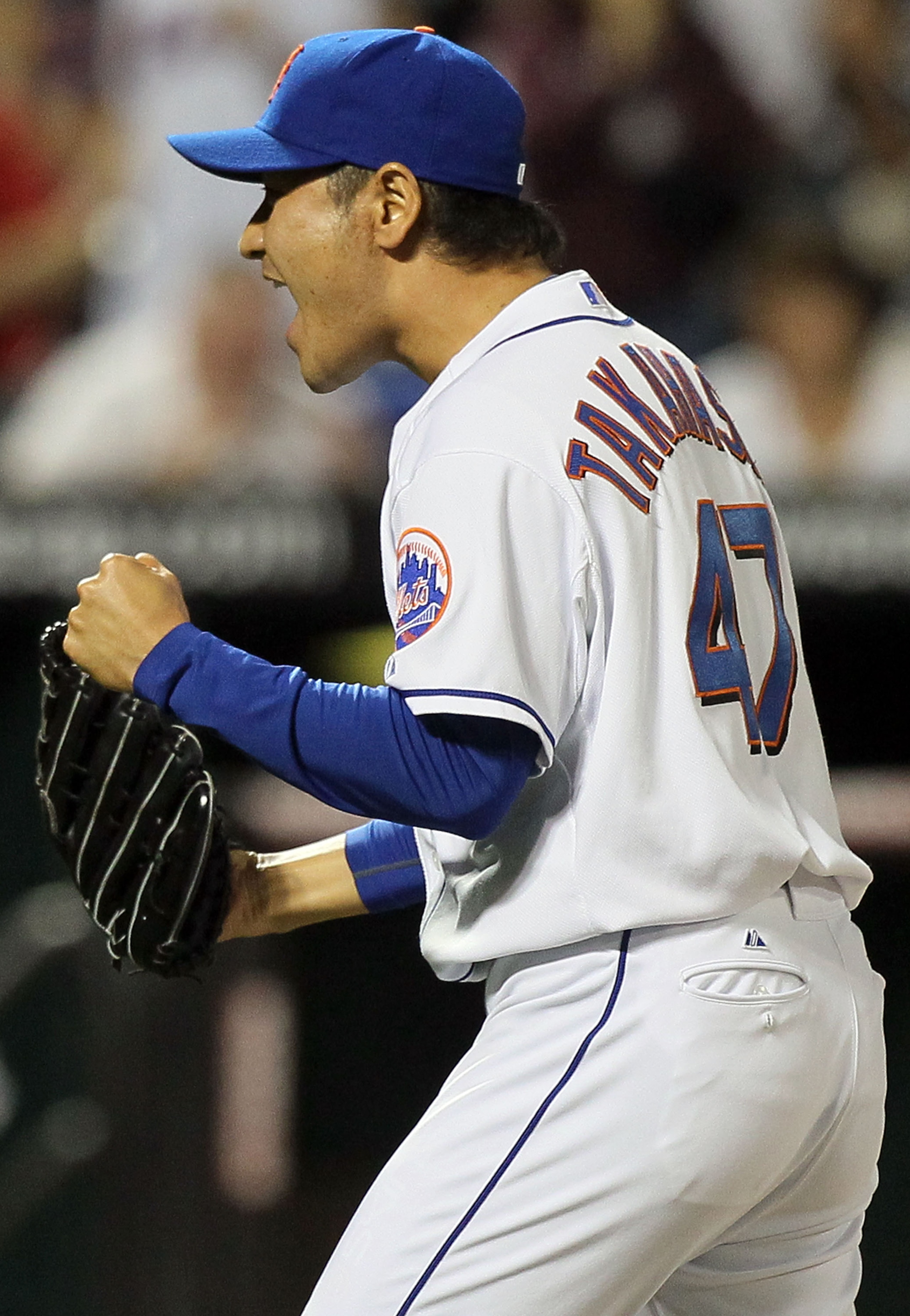 NEW YORK - AUGUST 27:  Hisanori Takahashi #47 of the New York Mets celebrates after defeating the Houston Astros on August 27, 2010 at Citi Field in the Flushing neighborhood of the Queens borough of New York City. The Mets defeated the Astros 2-1.  (Phot