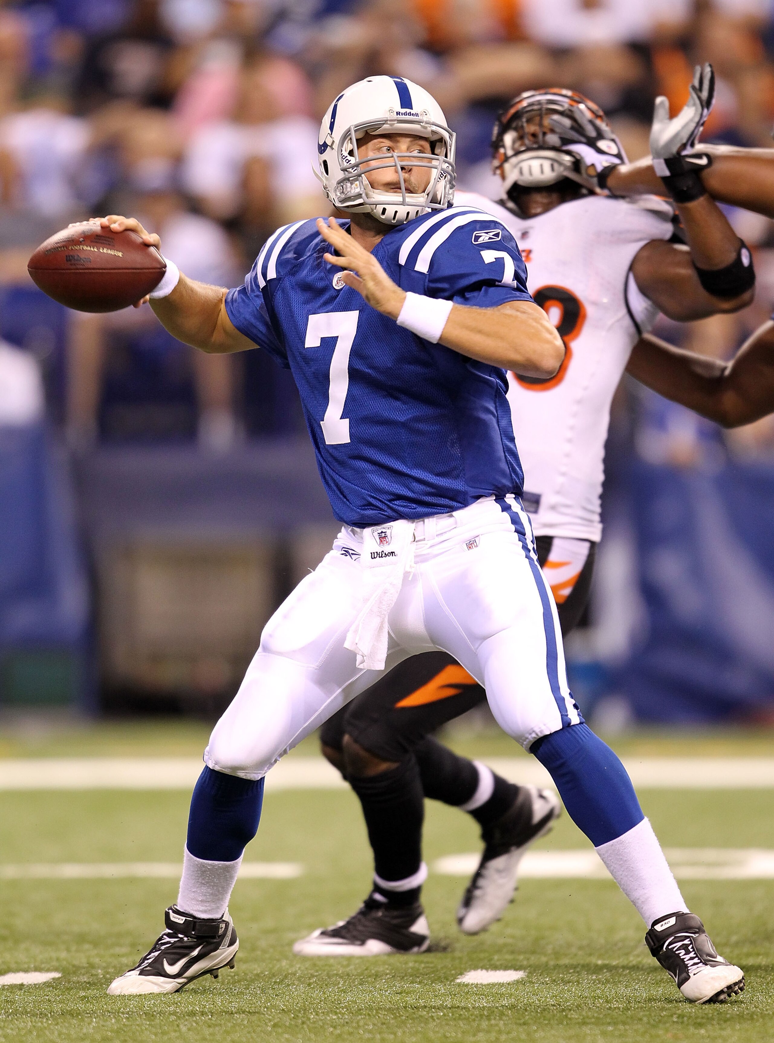 INDIANAPOLIS - SEPTEMBER 02:  Curtis Painter #7 of the Indianapolis Colts throws a pass against the Cincinnati Bengals during the NFL preseason game at Lucas Oil Stadium on September 2, 2010 in Indianapolis, Indiana.  (Photo by Andy Lyons/Getty Images)