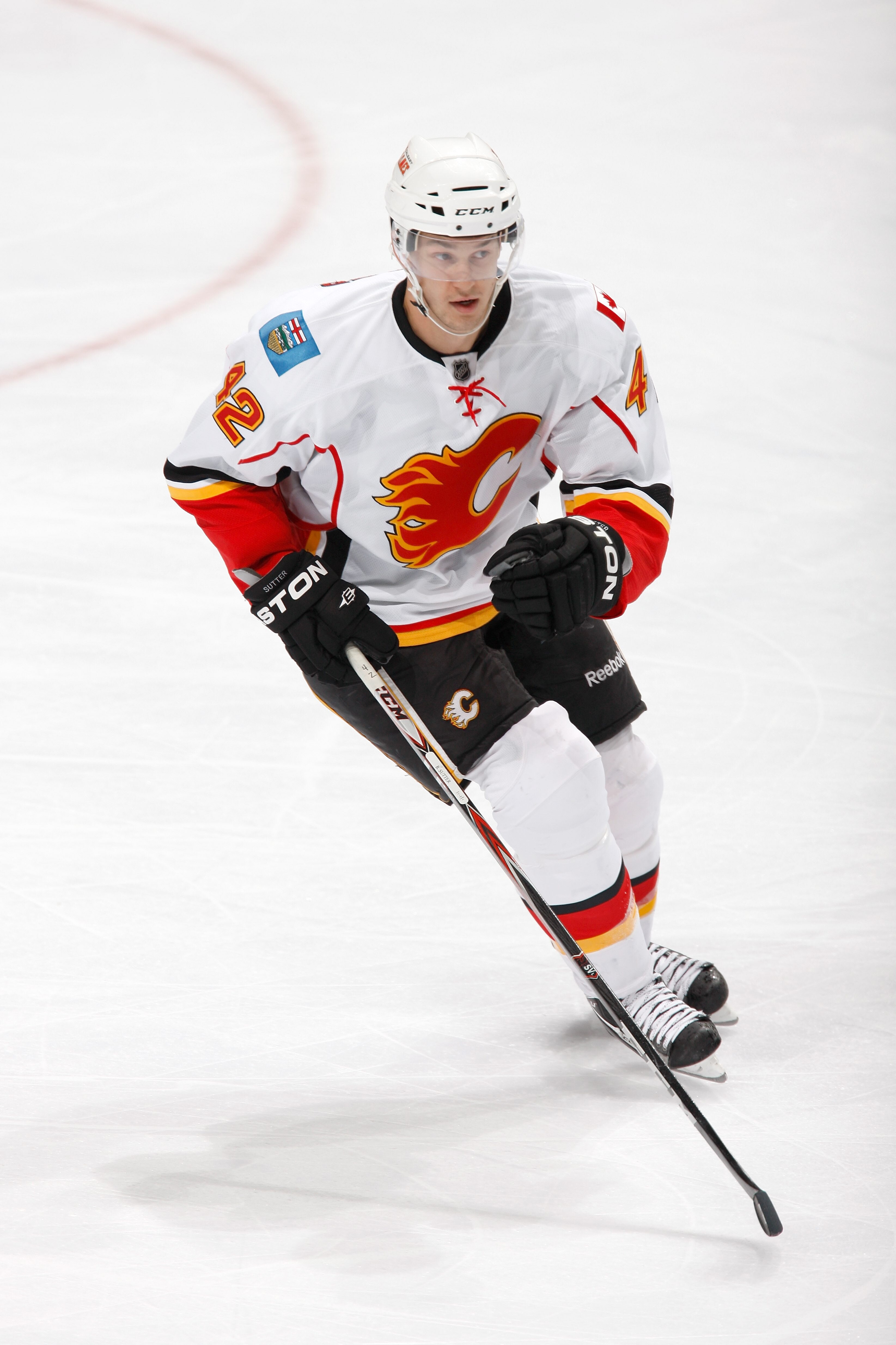 EDMONTON, CANADA - OCTOBER 1: Brett Sutter #42 of the Calgary Flames skates against the Edmonton Oilers on October 1, 2010 at Rexall Place in Edmonton, Alberta, Canada. (Photo by Dale MacMillan/Getty Images)