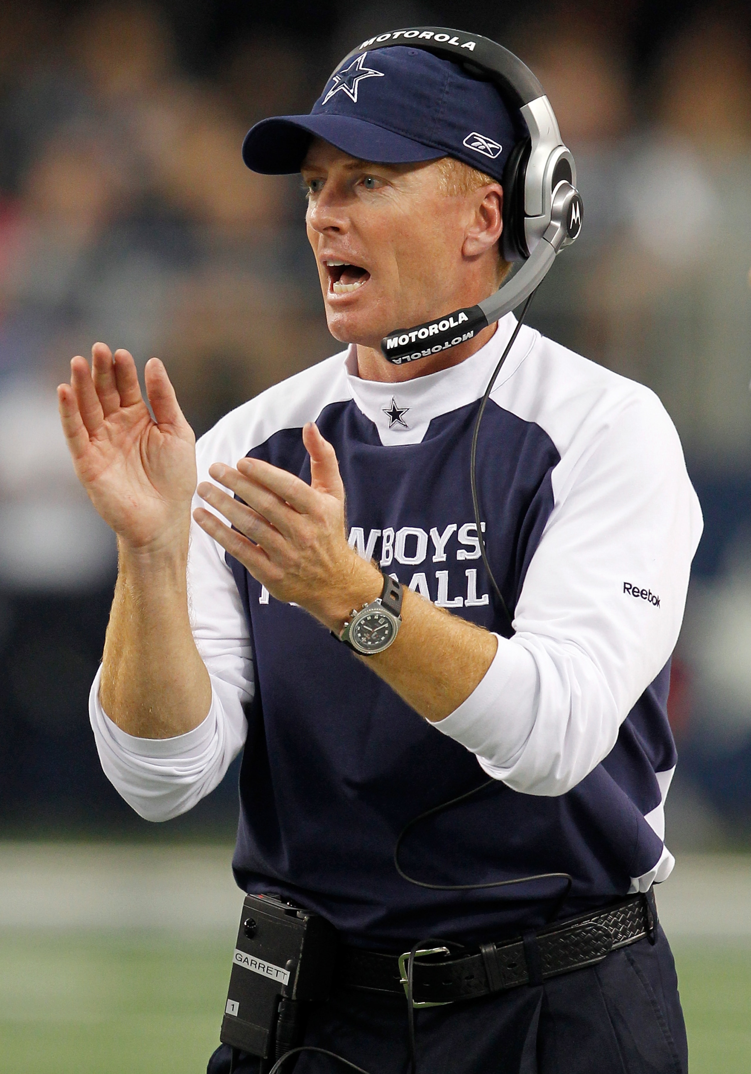 ARLINGTON, TX - NOVEMBER 21:  Head coach Jason Garrett of the Dallas Cowboys leads his team against the Detroit Lions late in the fourth quarter at Cowboys Stadium on November 21, 2010 in Arlington, Texas.  The Cowboys beat the Lions 35-19.  (Photo by Tom