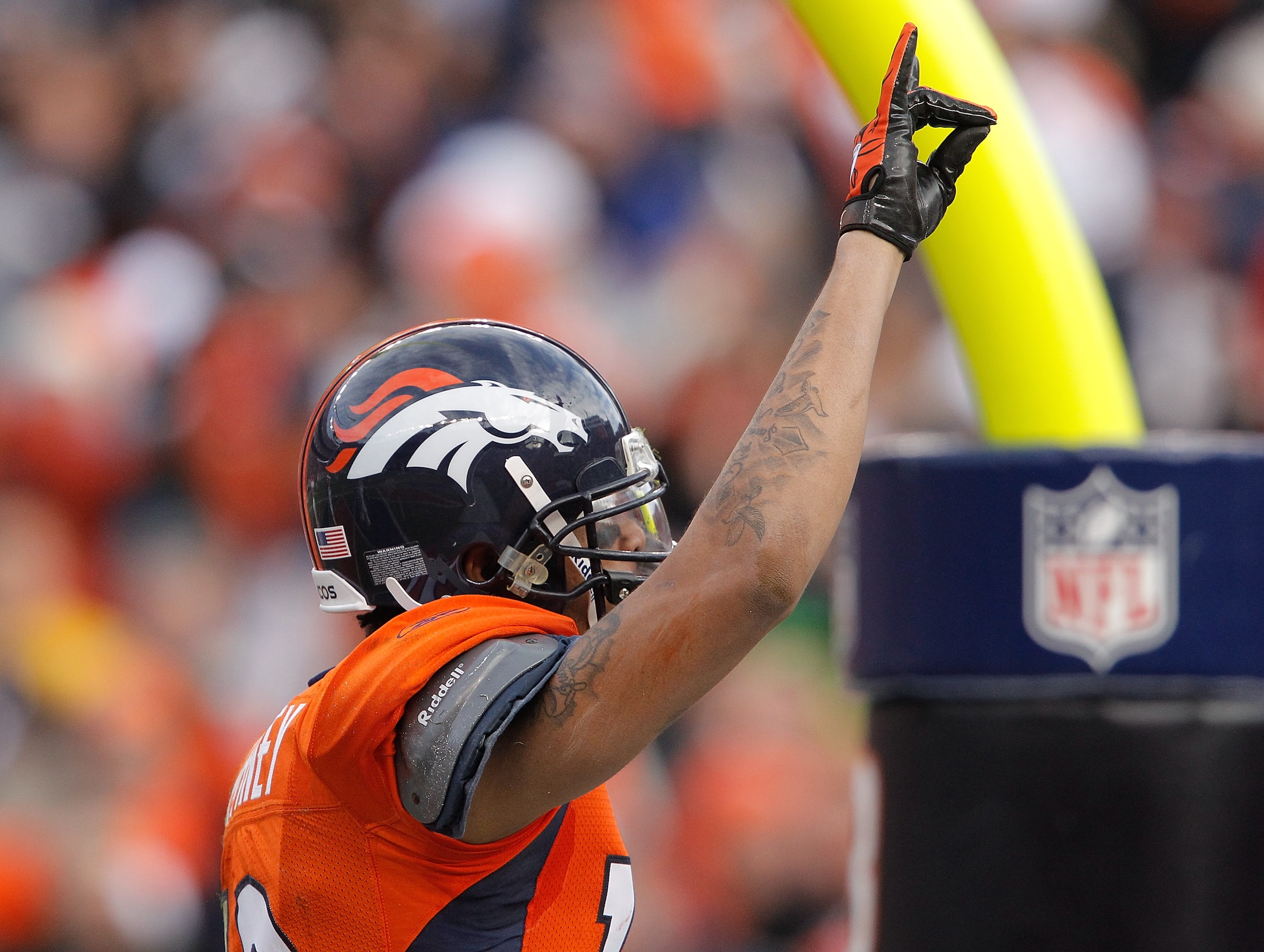 DENVER - NOVEMBER 14:  Wide receiver Jabar Gaffney #10 of the Denver Broncos celebrates his 40-yard touchdown reception against the Kansas City Chiefs during the first quarter at INVESCO Field at Mile High on November 14, 2010 in Denver, Colorado. The Den