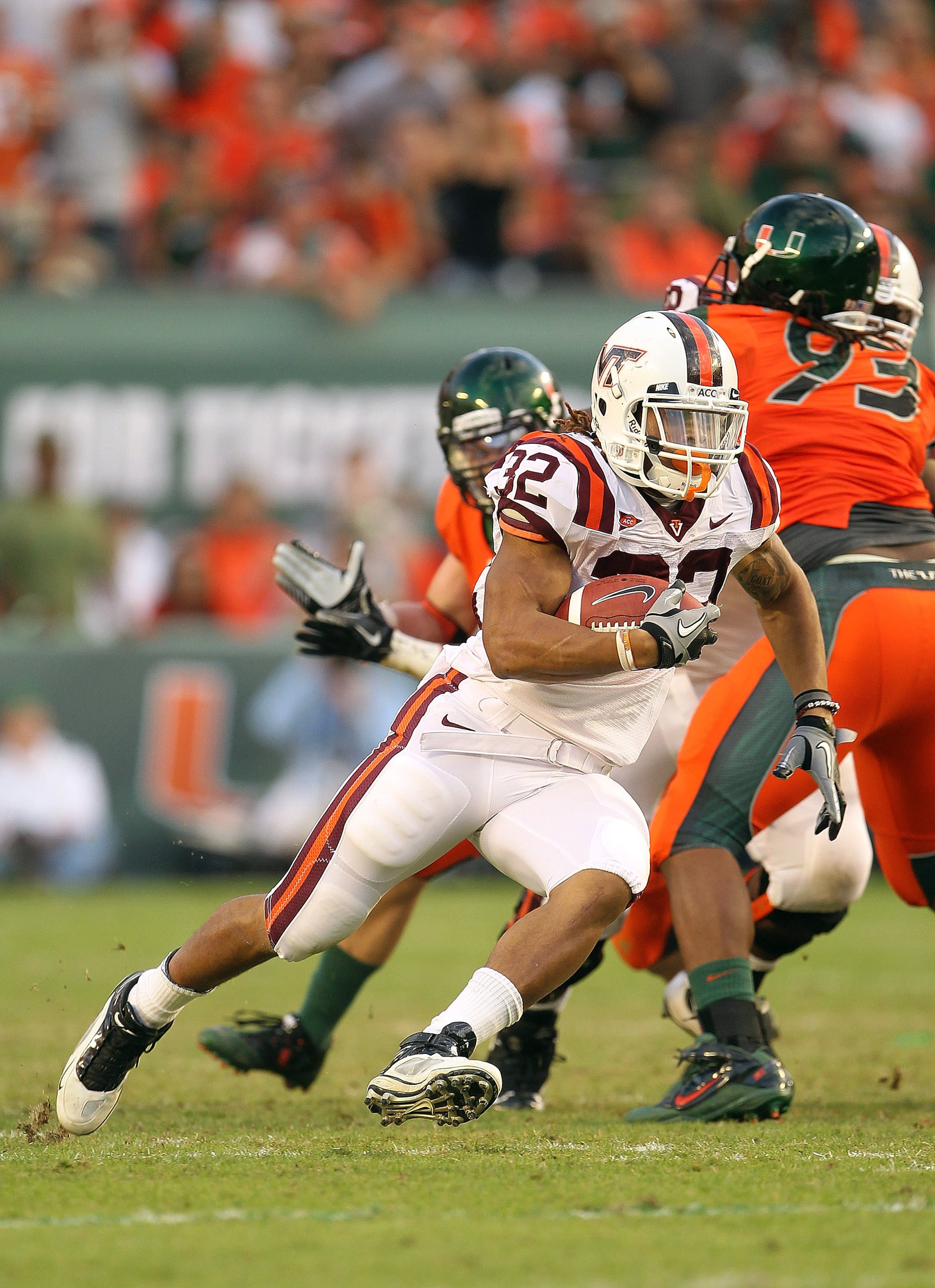 MIAMI - NOVEMBER 20:  Darren Evans #32 of the Virginia Tech Hokies runs for a first down during a game against the Miami Hurricanes at Sun Life Stadium on November 20, 2010 in Miami, Florida.  (Photo by Mike Ehrmann/Getty Images)