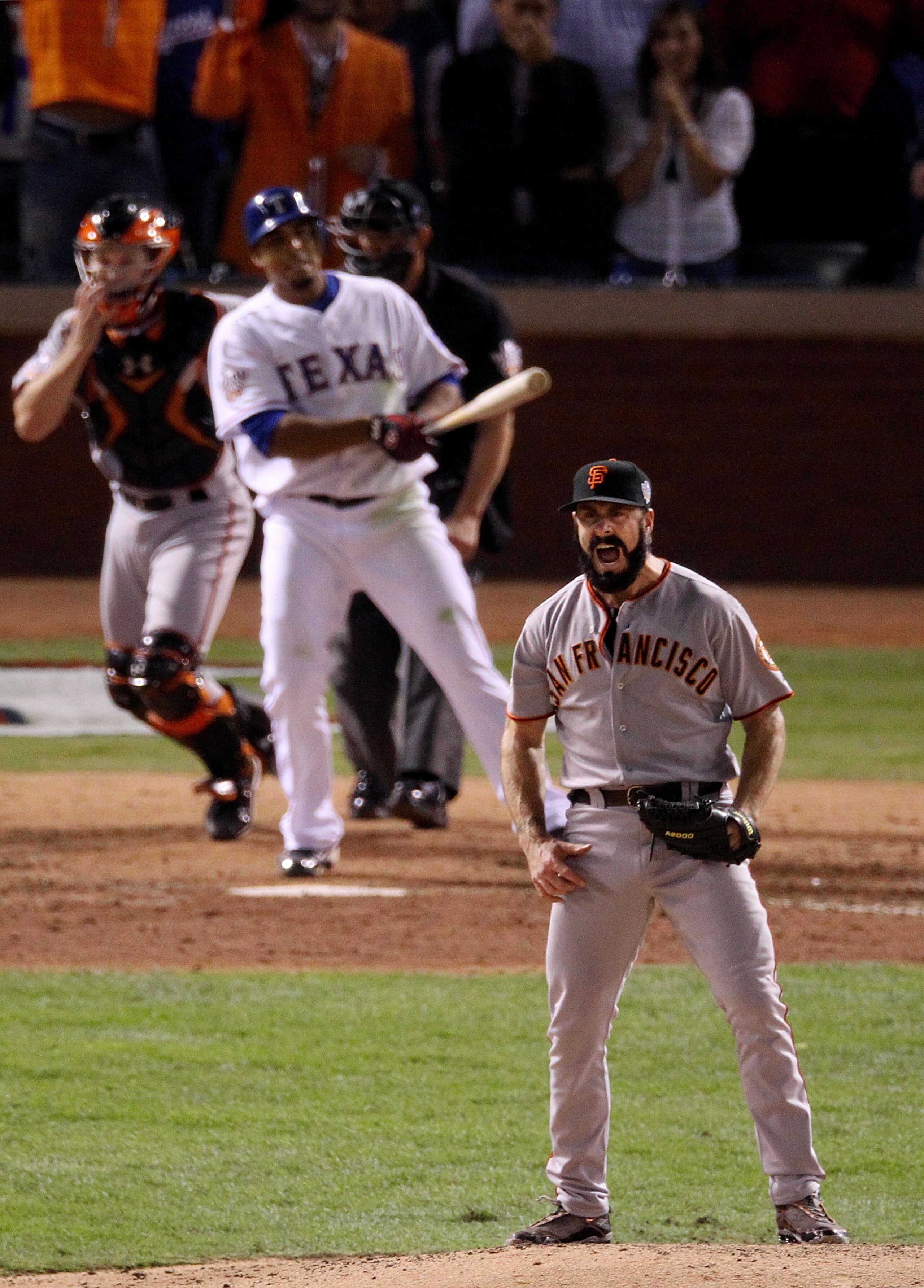 ARLINGTON, TX - NOVEMBER 01:  Brian Wilson #38 of the San Francisco Giants celebrates striking out Nelson Cruz #17 of the Texas Rangers to win the 2010 MLB World Series 3-1 at Rangers Ballpark in Arlington on November 1, 2010 in Arlington, Texas.  (Photo 