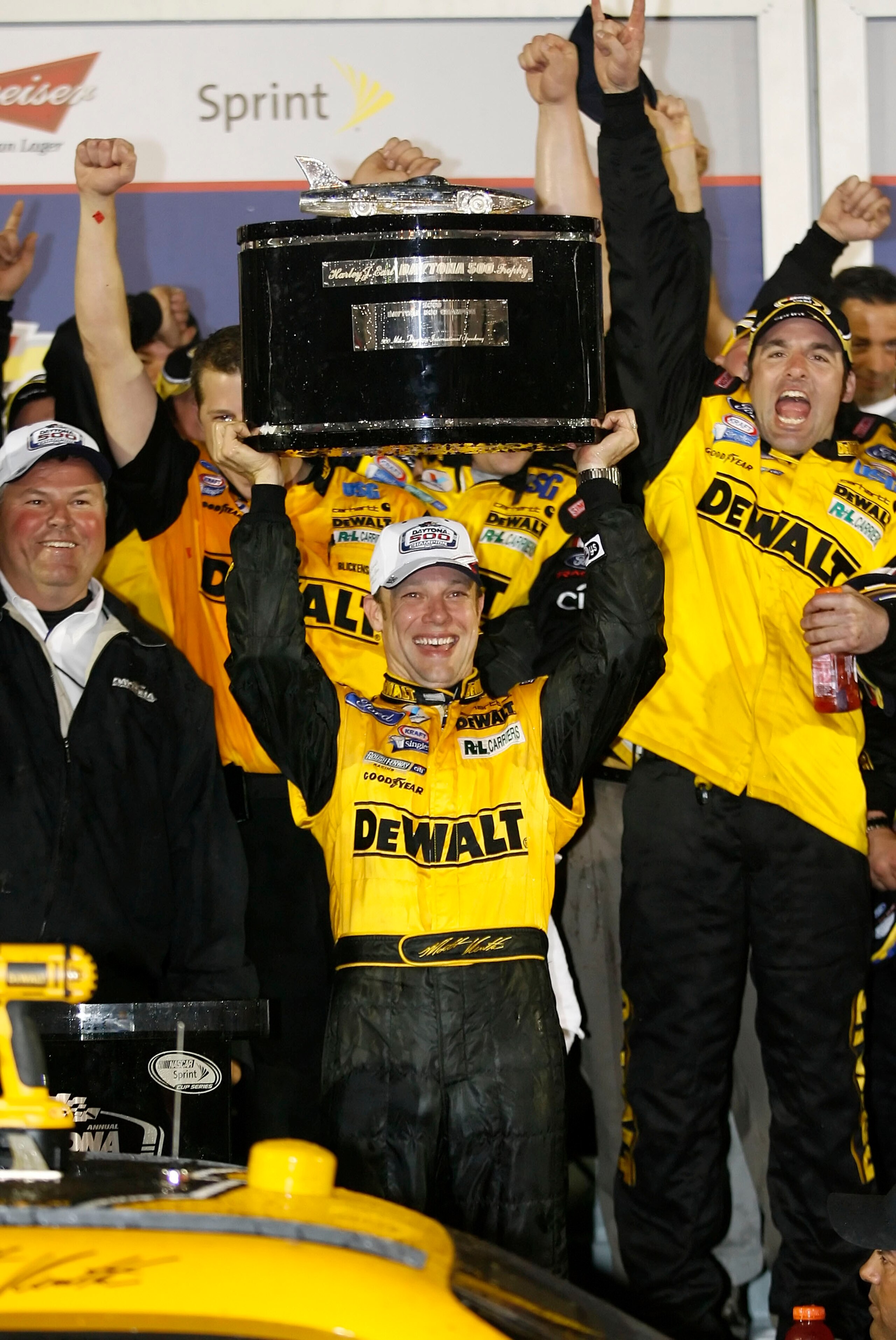 DAYTONA BEACH, FL - FEBRUARY 15:  Matt Kenseth, driver of the #17 DEWALT Ford, celebrates winning the NASCAR Sprint Cup Series Daytona 500 at Daytona International Speedway on February 15, 2009 in Daytona Beach, Florida.  (Photo by Geoff Burke/Getty Image