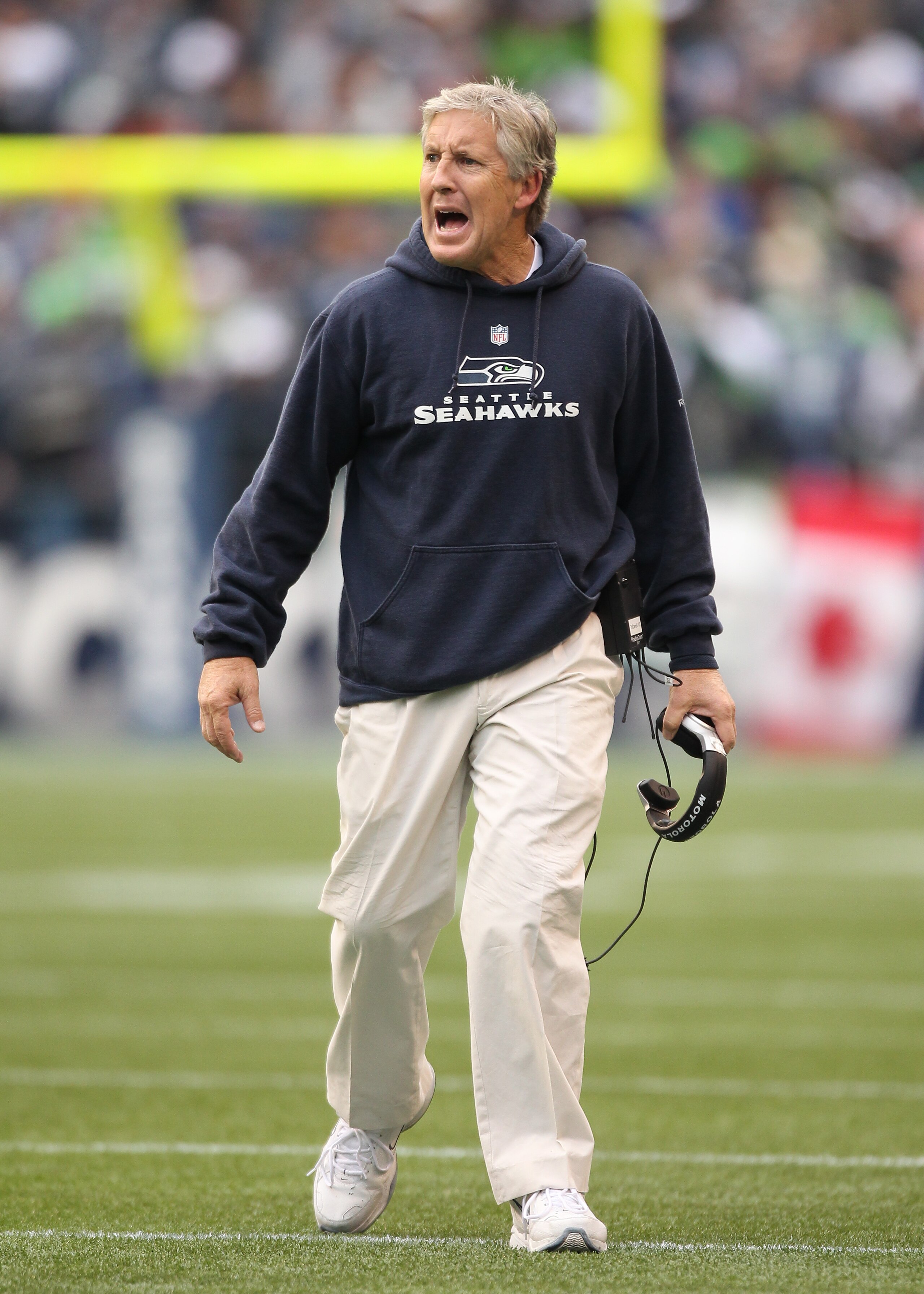 SEATTLE - DECEMBER 05:  Head coach Pete Carroll of the Seattle Seahawks reacts to a penalty call during the game against the Carolina Panthers at Qwest Field on December 5, 2010 in Seattle, Washington. The Seahawks won, 31-14. (Photo by Otto Greule Jr/Get