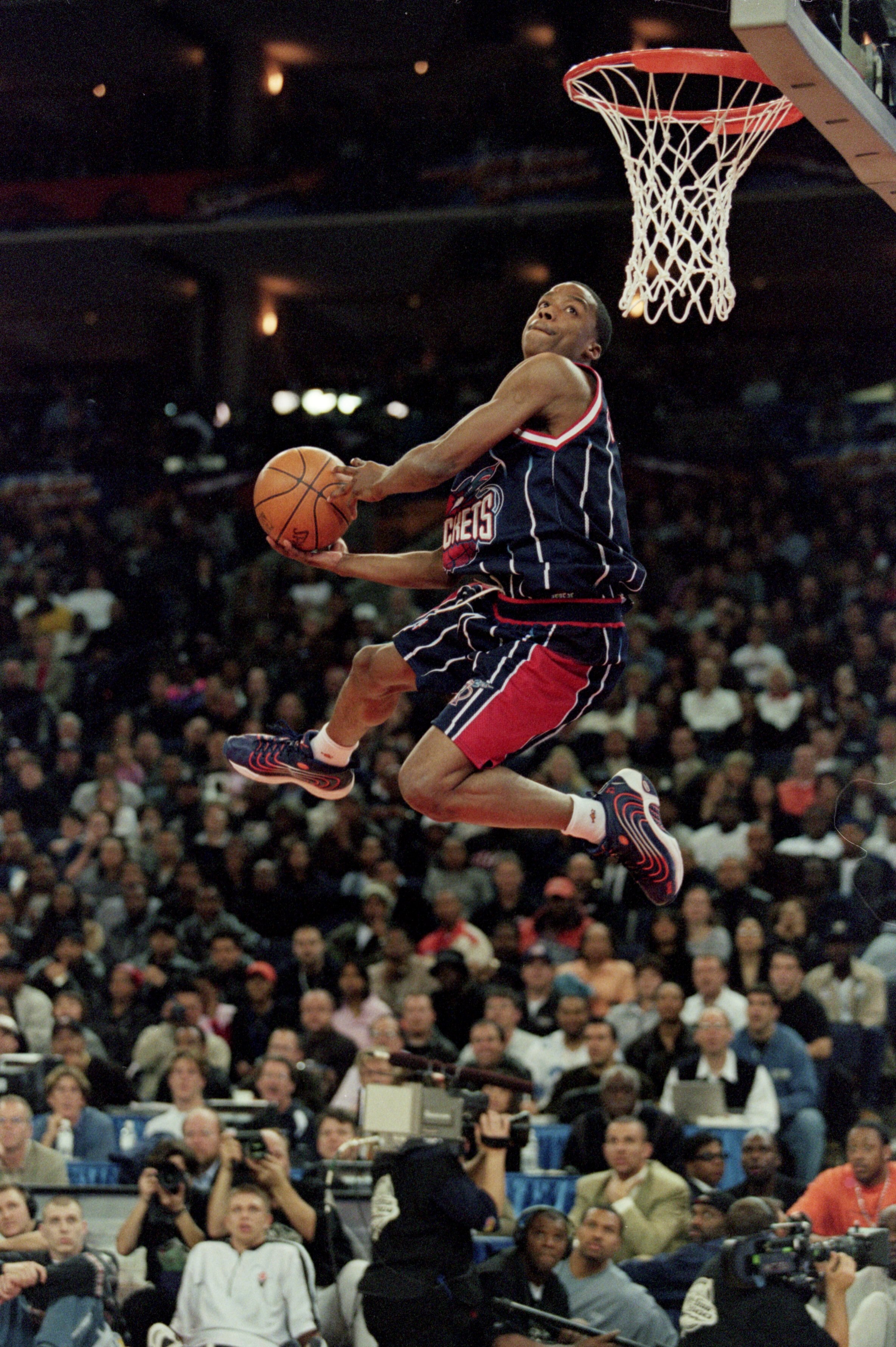 12 Feb 2000: Steve Francis #3 of the Houston Rockets jumps to the basket during the NBA Allstar Game Slam Dunk Contest at the Oakland Coliseum in Oakland, California.    Mandatory Credit: Jed Jacobsohn  /Allsport