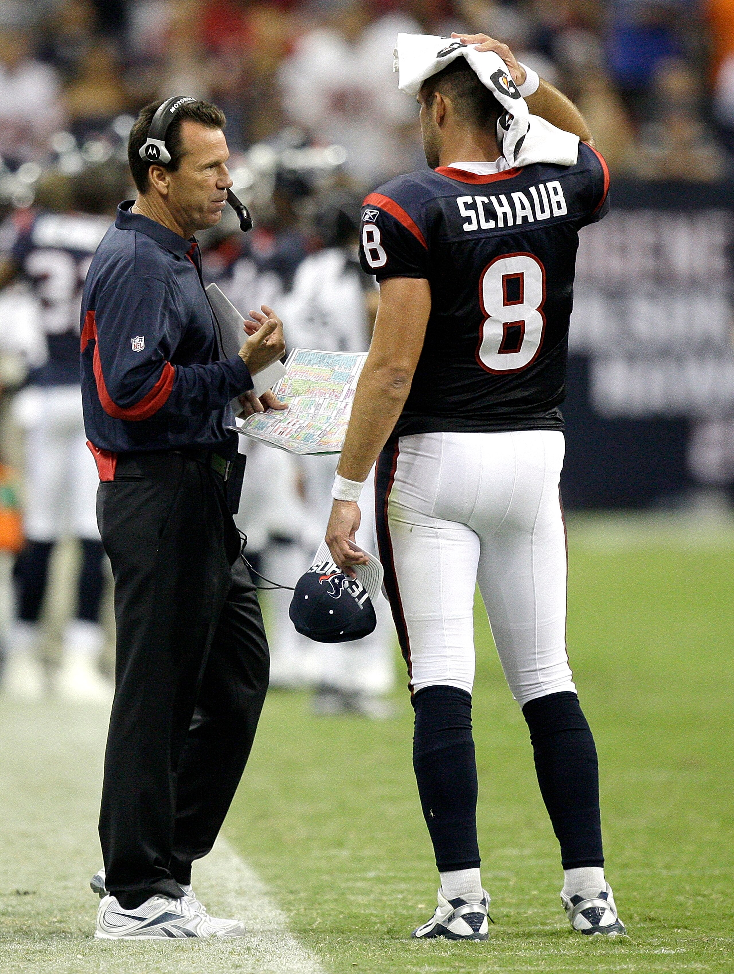 HOUSTON - AUGUST 28: Head coach Gary Kubiak of the Houston Texans talks with quarterback Matt Schaub #8 in the second half during a football game against the Dallas Cowboys at Reliant Stadium on August 28, 2010 in Houston, Texas. (Photo by Bob Levey/Getty HOUSTON - AUGUST 28: Head coach Gary Kubiak of the Houston Texans talks with quarterback Matt Schaub #8 in the second half during a football game against the Dallas Cowboys at Reliant Stadium on August 28, 2010 in Houston, Texas. (Photo by Bob Levey/Getty