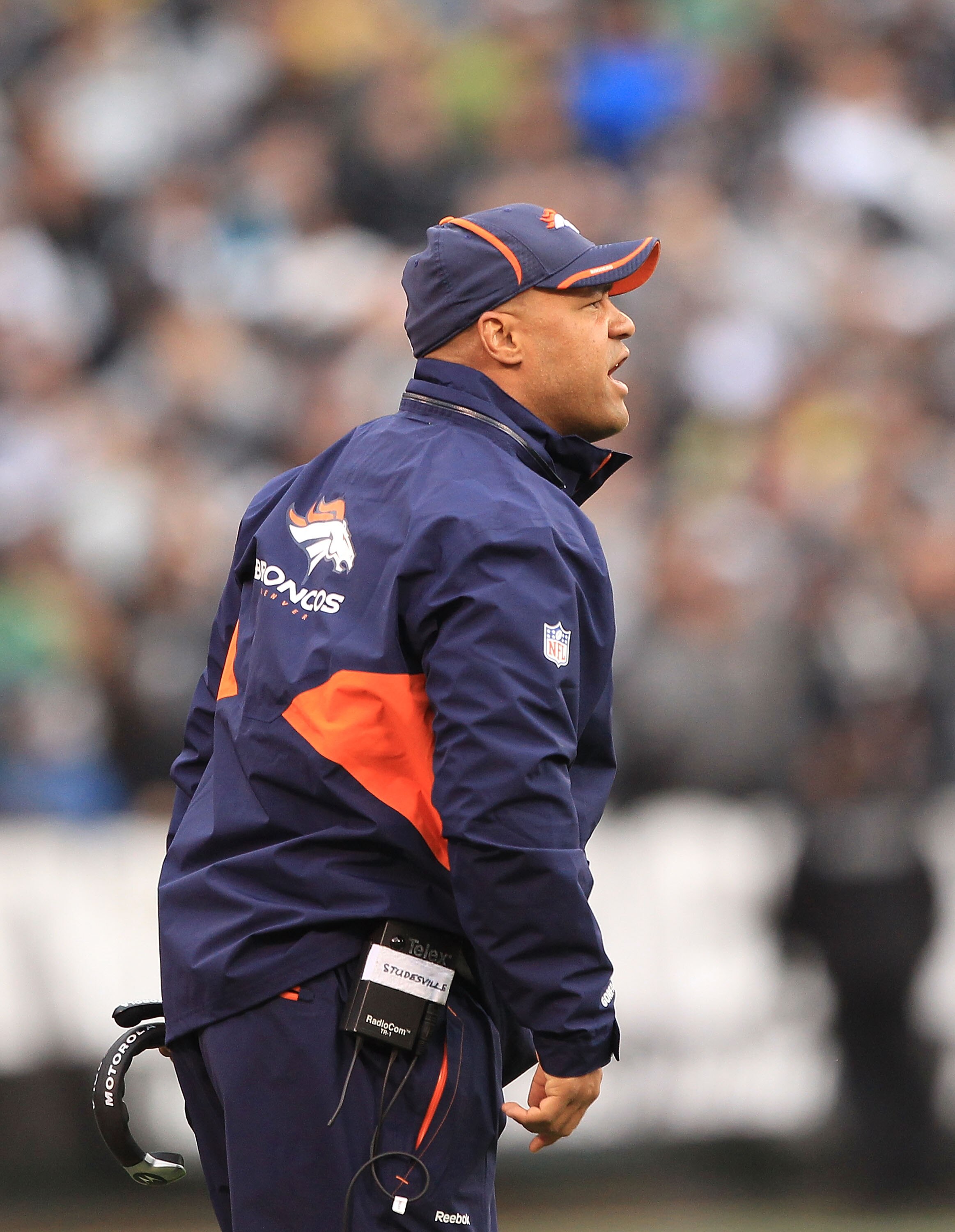OAKLAND, CA - DECEMBER 19:  Head coach Eric Studesville of the Denver Broncos shouts to his team during their game against the Oakland Raiders at Oakland-Alameda County Coliseum on December 19, 2010 in Oakland, California.  (Photo by Ezra Shaw/Getty Image