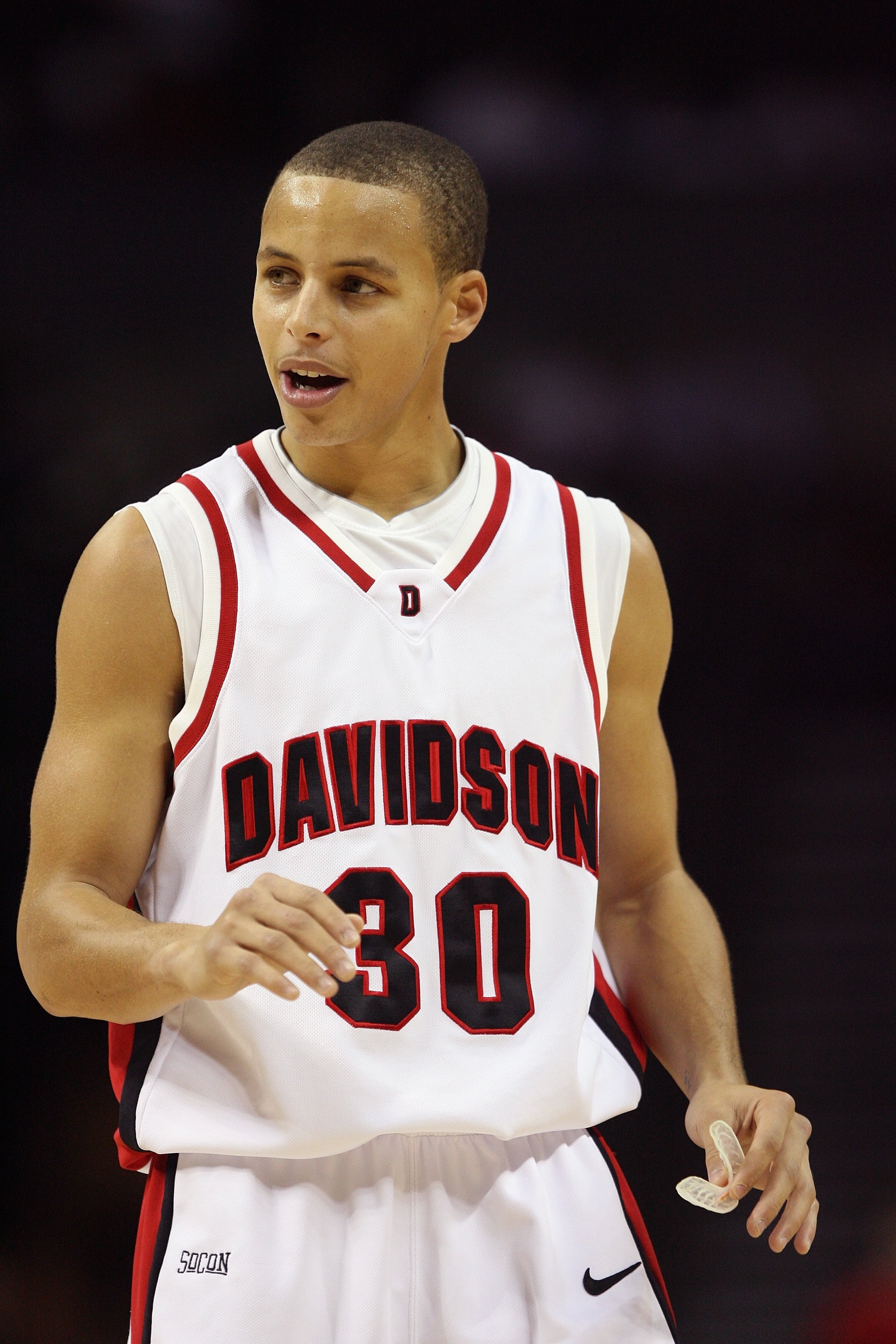 CHARLOTTE, NC - DECEMBER 6:  Stephen Curry #30 of the Davidson Wildcats looks on during the game against the North Carolina State Wolfpack at Time Warner Cable Arena on December 6, 2008 in Charlotte, North Carolina. (Photo by Streeter Lecka/Getty Images)