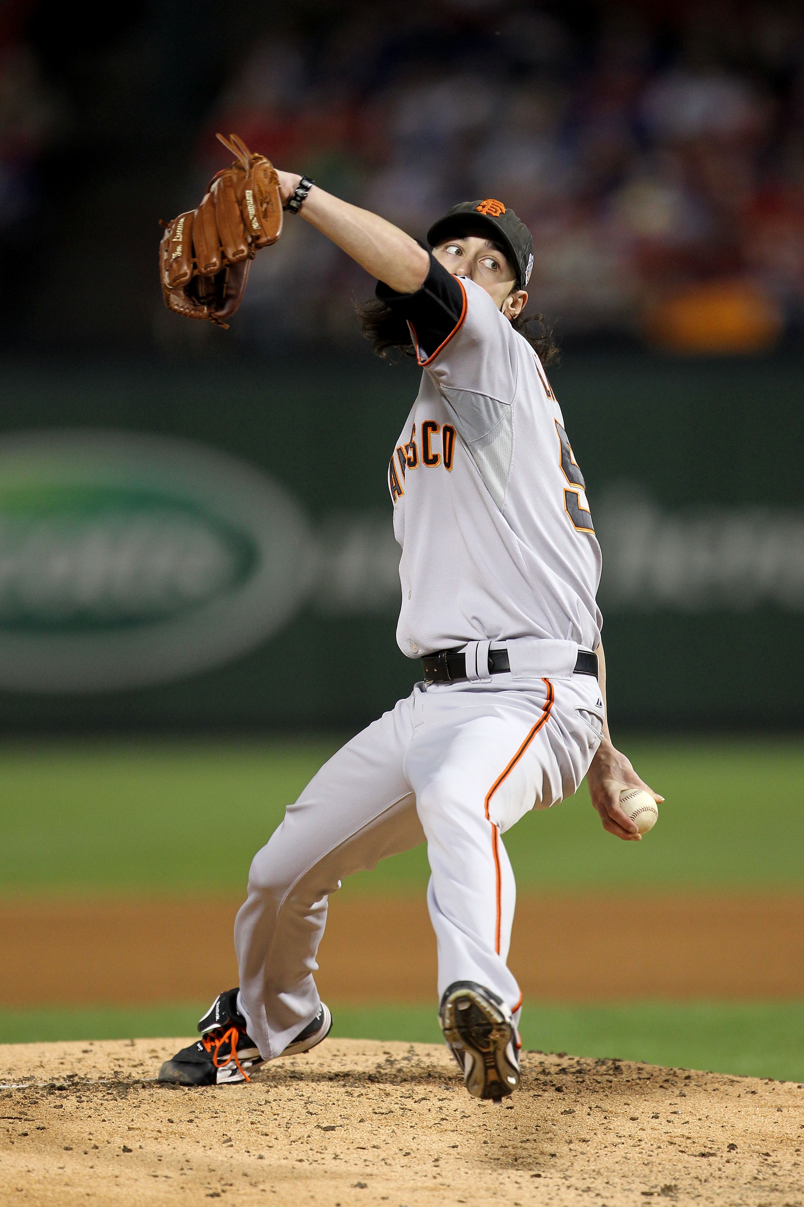 ARLINGTON, TX - NOVEMBER 01:  Starting pitcher Tim Lincecum #55 of the San Francisco Giants pitches against the Texas Rangers in Game Five of the 2010 MLB World Series at Rangers Ballpark in Arlington on November 1, 2010 in Arlington, Texas.  (Photo by Do