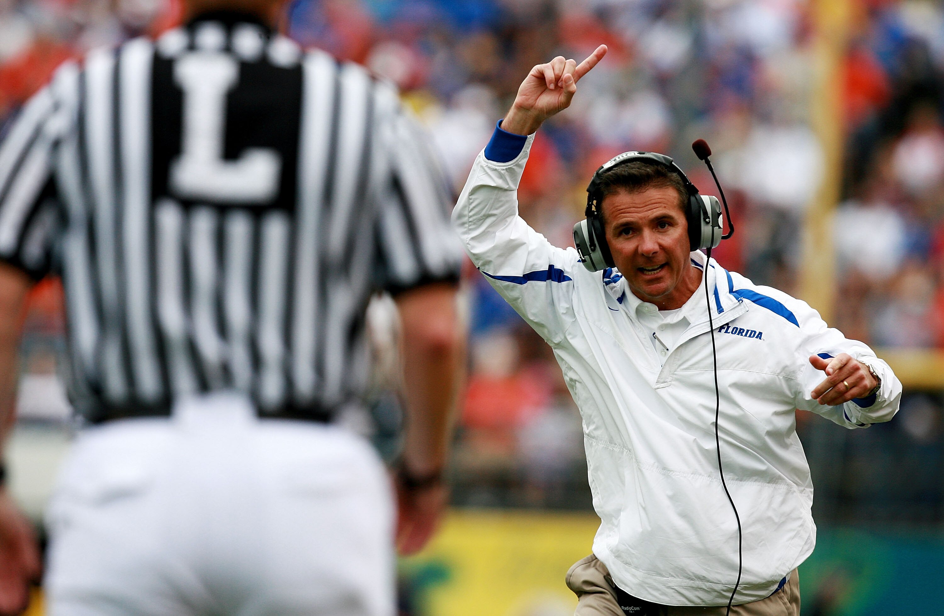 ORLANDO, FL - JANUARY 01: Head coach Urban Meyer of the Florida Gators reacts to a call by officials while taking on the Michigan Wolverines in the Capital One Bowl at Florida Citrus Bowl on January 1, 2008 in Orlando, Florida. (Photo by Doug Benc/Getty ORLANDO, FL - JANUARY 01: Head coach Urban Meyer of the Florida Gators reacts to a call by officials while taking on the Michigan Wolverines in the Capital One Bowl at Florida Citrus Bowl on January 1, 2008 in Orlando, Florida. (Photo by Doug Benc/Getty