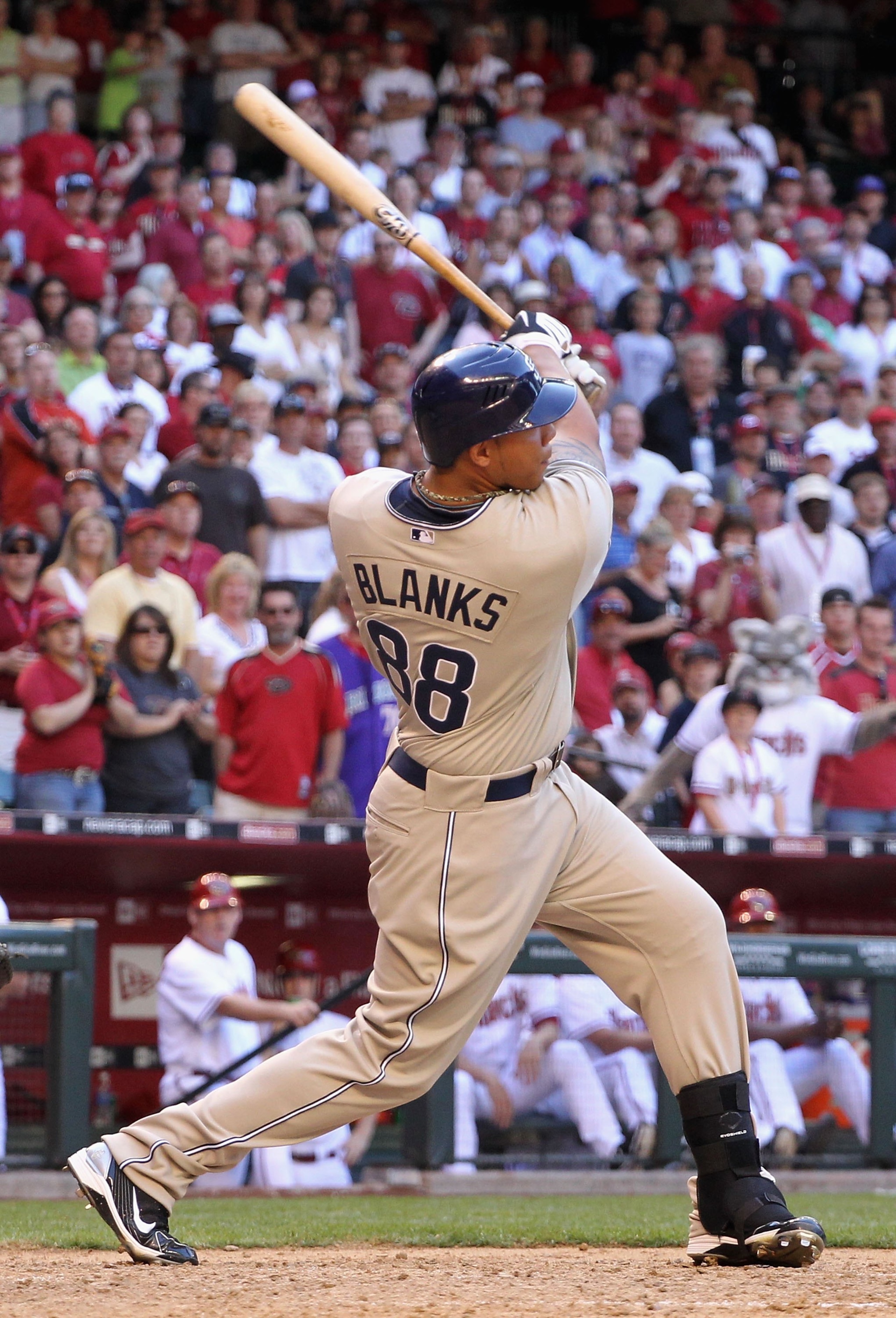 PHOENIX - APRIL 05:  Kyle Blanks #88 of the San Diego Padres bats against the Arizona Diamondbacks during the Opening Day major league baseball game at Chase Field on April 5, 2010 in Phoenix, Arizona. The Diamondbacks defeated the Padres 6-3.  (Photo by