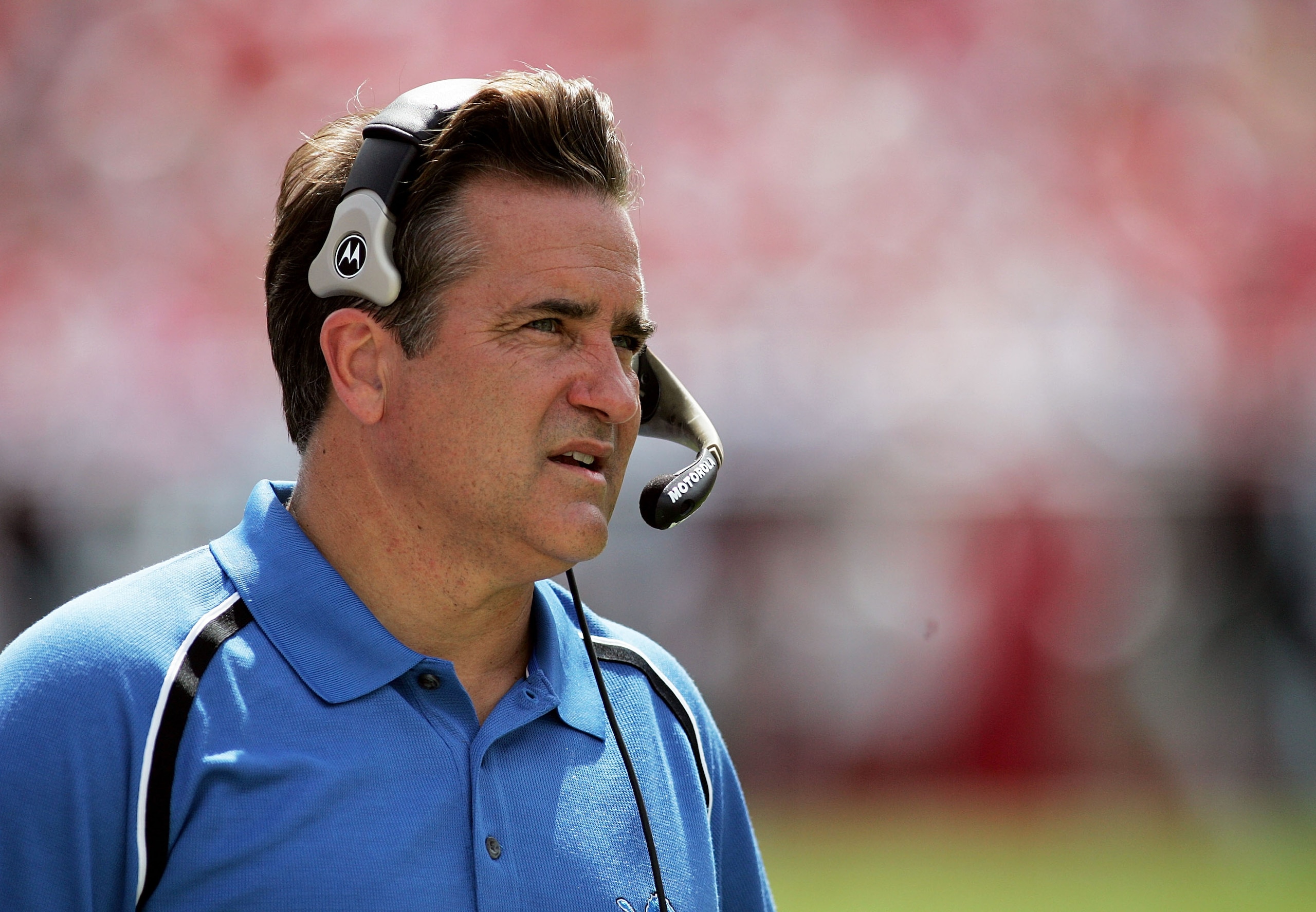 TAMPA, FL - OCTOBER 02:  Head coach Steve Mariucci of the Detroit Lions watches from the sidelines as his team takes on the Tampa Bay Buccaneers on October 2, 2005 at Raymond James Stadium in Tampa, Florida. The Buccaneers defeated the Lions 17-13.  (Phot