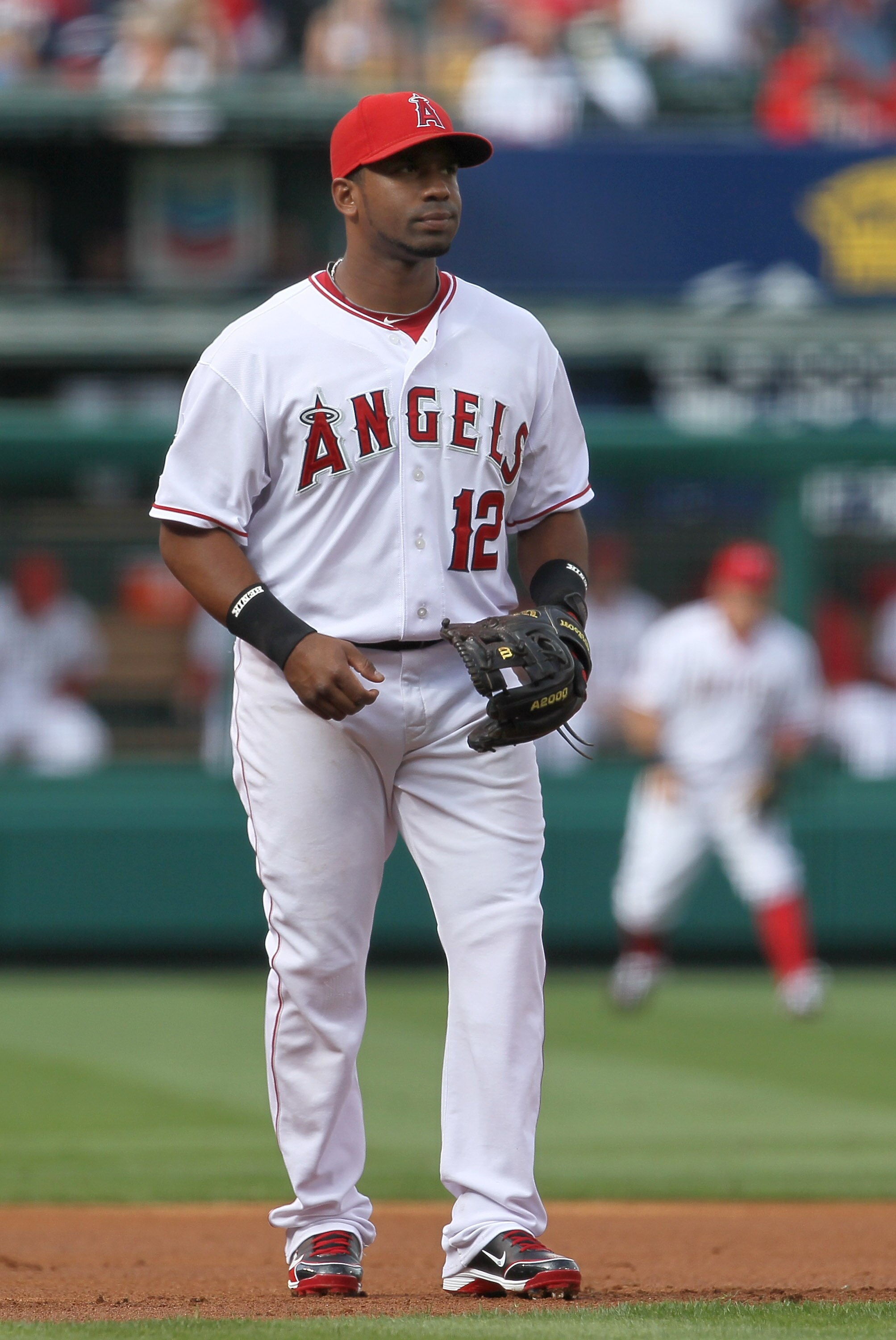 ANAHEIM, CA - SEPTEMBER 08:  Third baseman Alberto Callaspo #12 of the Los Angeles Angels of Anaheim in the field against the Cleveland Indians on September 8, 2010 at Angel Stadium in Anaheim, California.   The Angels won 4-3 in 16 innings.  (Photo by St