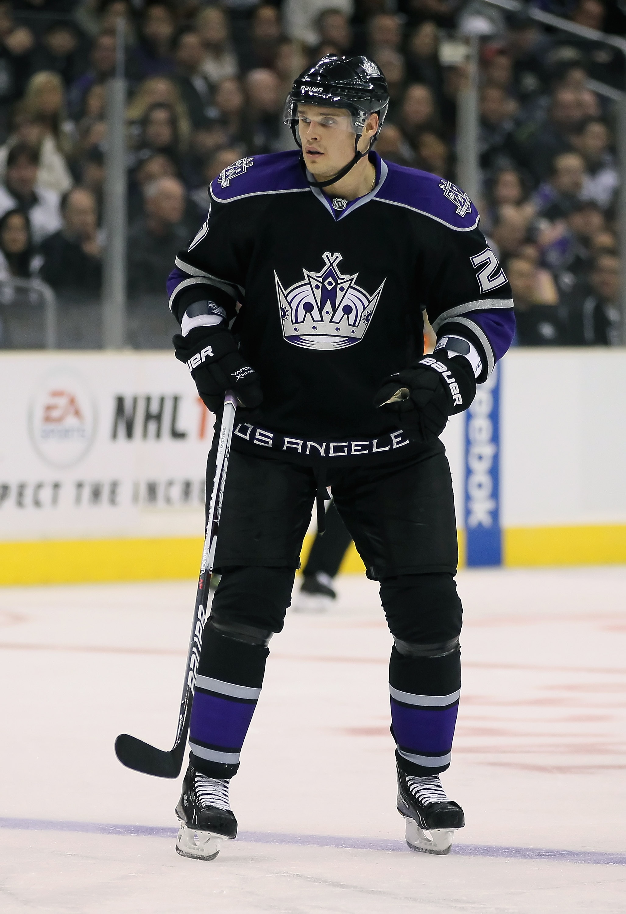 LOS ANGELES, CA - OCTOBER 30:  Alexei Ponikarovsky #27 of the Los Angeles Kings plays against the New Jersey Devils in the game at Staples Center on October 30, 2010 in Los Angeles, California. The Kings defeated the Devils 3-1.  (Photo by Jeff Gross/Gett