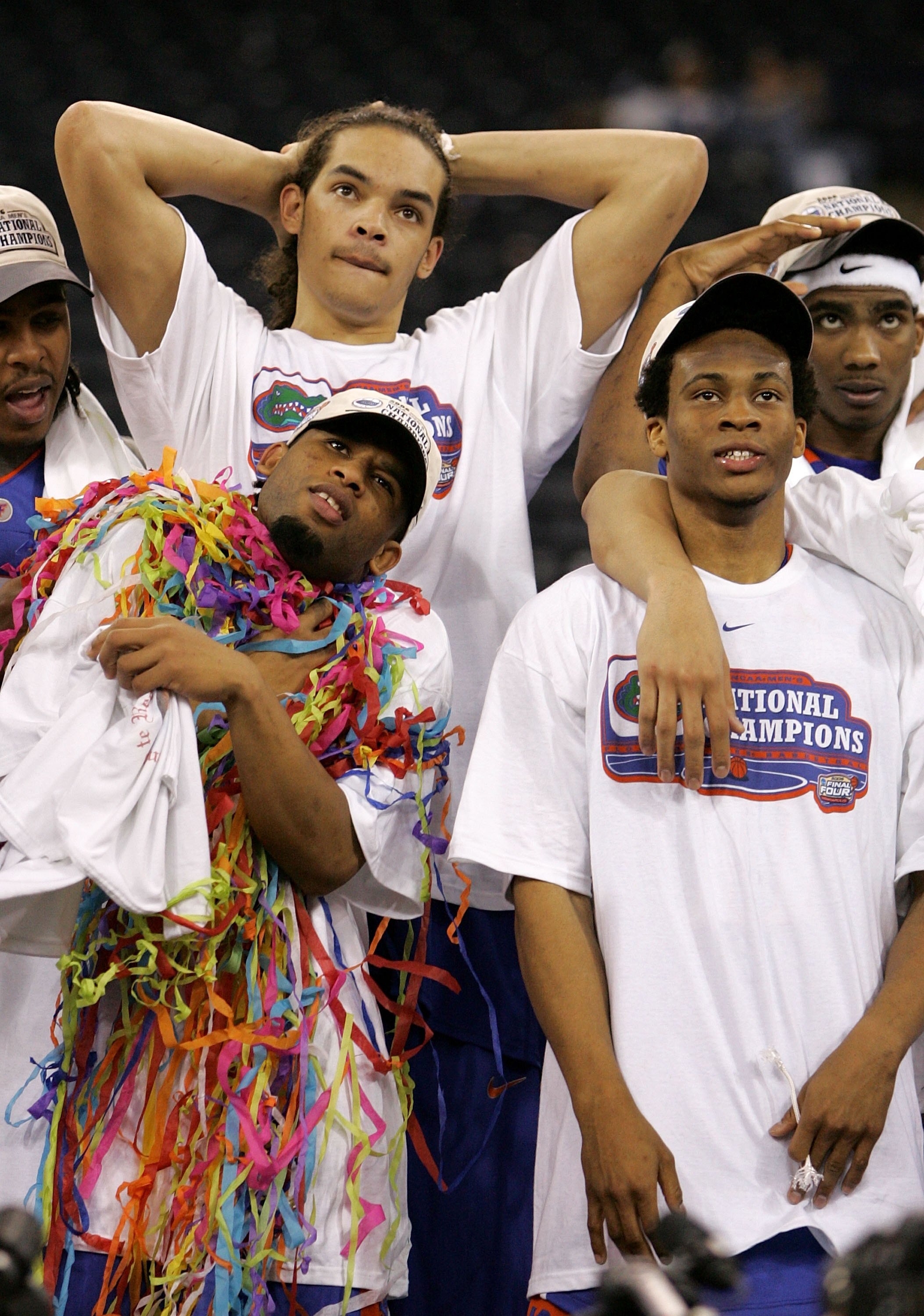 INDIANAPOLIS - APRIL 03:  (L-R) Walter Hodge #15, Joakim Noah #13, Taurean Green #11 and Corey Brewer #2 of the Florida Gators celebrate after defeating the UCLA Bruins 73-57 during the National Championship game of the NCAA Men's Final Four on April 3, 2