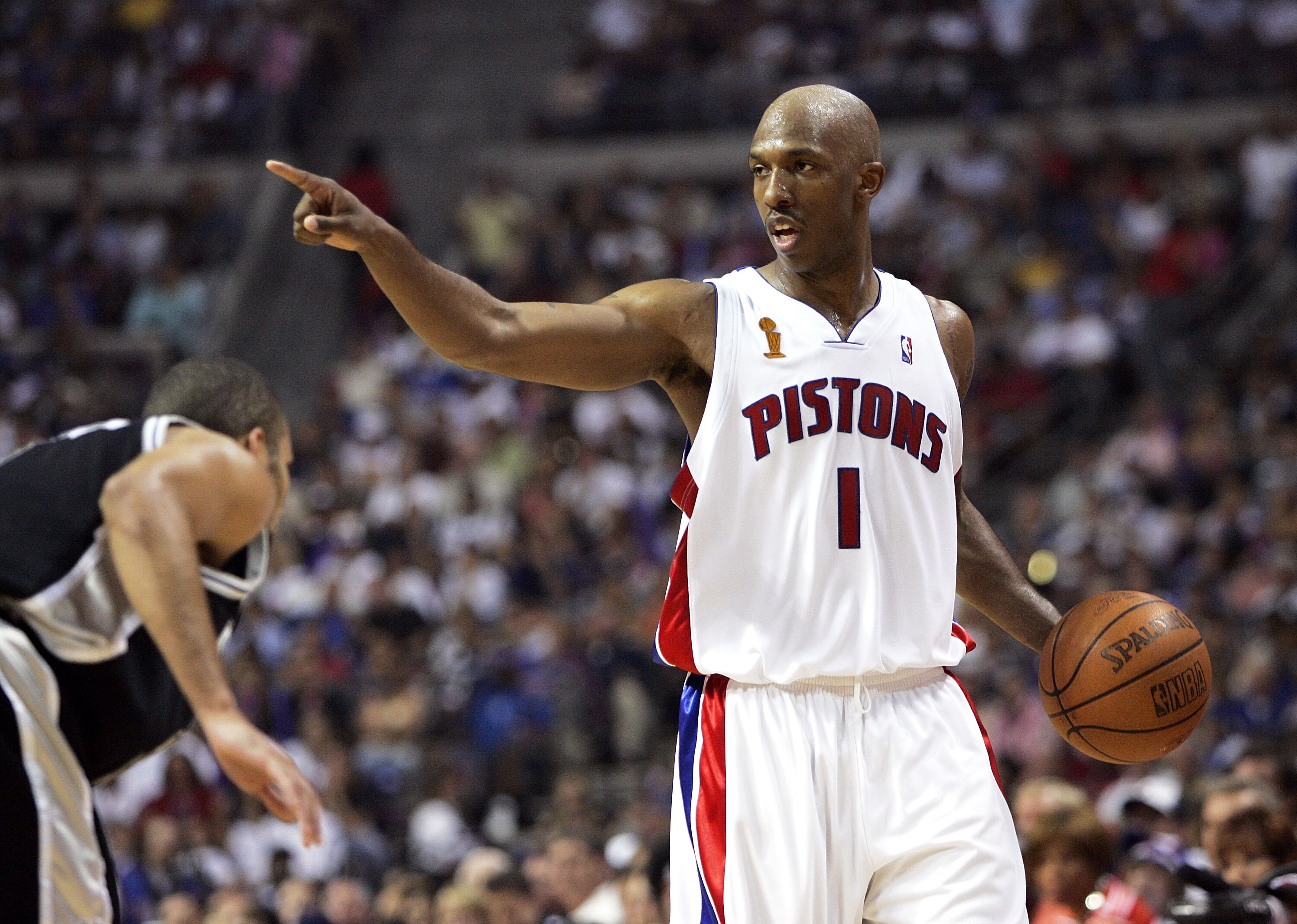 AUBURN HILLS, MI - JUNE 19:  Chauncey Billups #1 of the Detroit Pistons directs his team's offense in the second quarter over Tony Parker #9 of the San Antonio Spurs in Game five of the 2005 NBA Finals at The Palace of Auburn Hills on June 19, 2005 in Aub