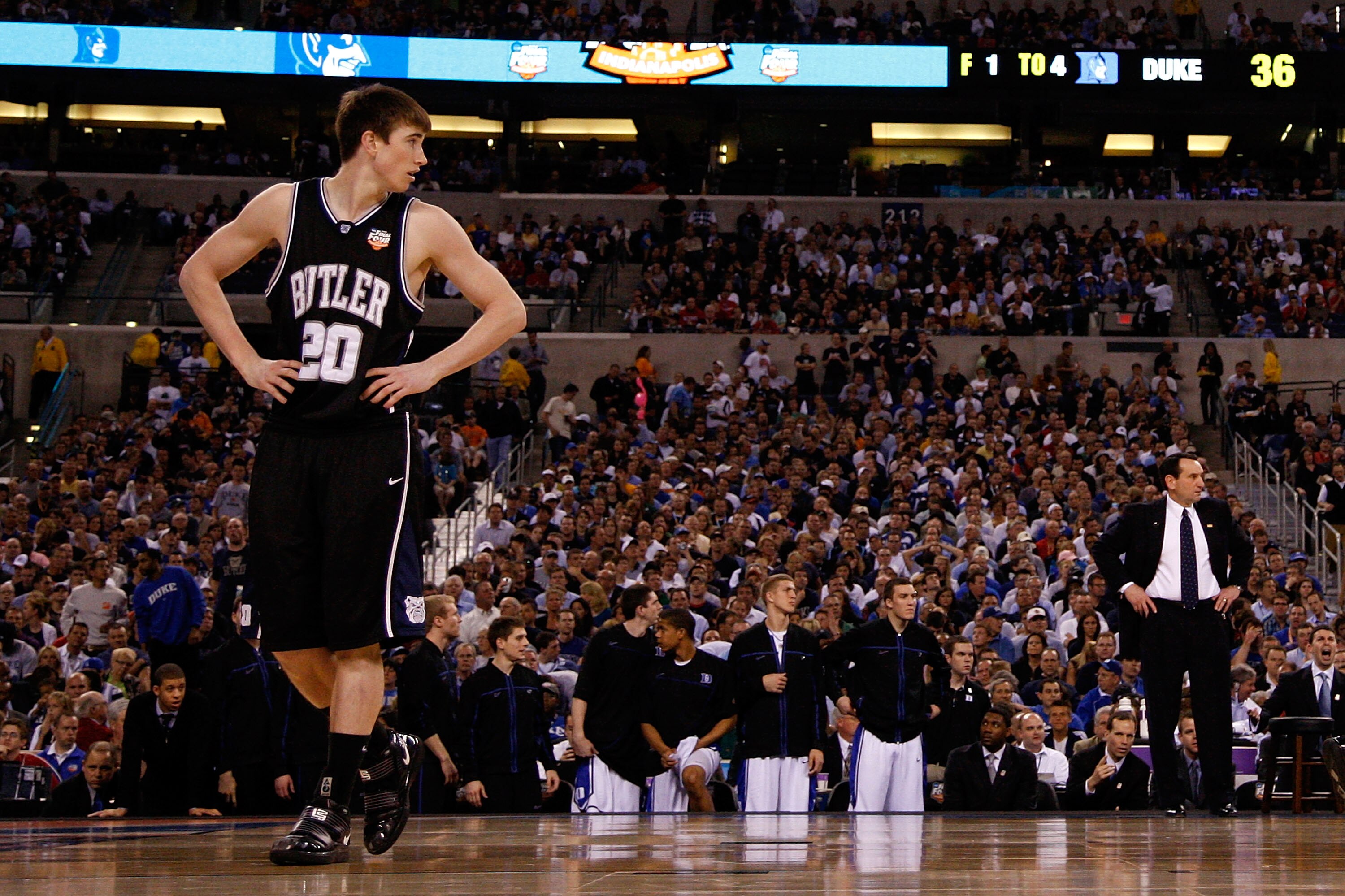 INDIANAPOLIS - APRIL 05:  Gordon Hayward #20 of the Butler Bulldogs looks on against the Duke Blue Devils during the 2010 NCAA Division I Men's Basketball National Championship game at Lucas Oil Stadium on April 5, 2010 in Indianapolis, Indiana.  (Photo b